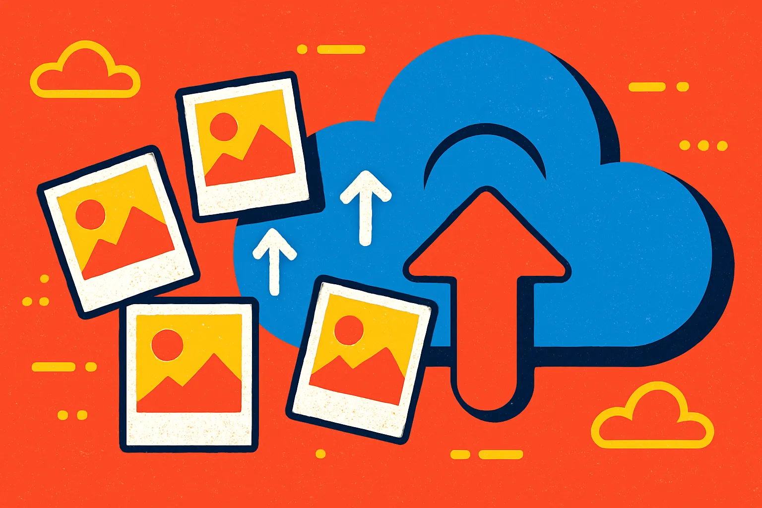 An image showing photos being saved to a cloud for long term storage after being converted from WebP to JPEG for better compatibility.