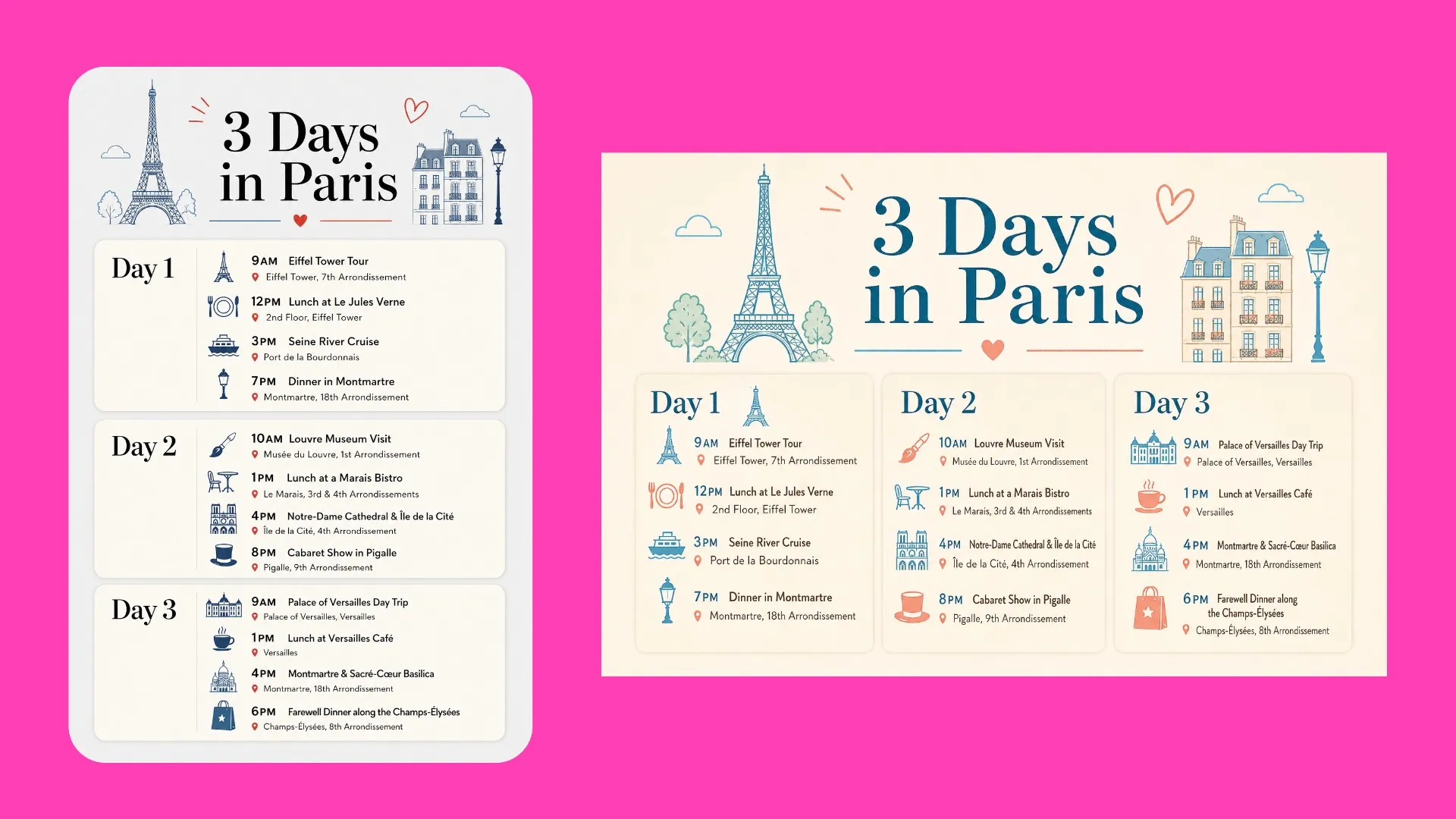 Travel itinerary poster in 16:9 and 9:16 aspect ratios