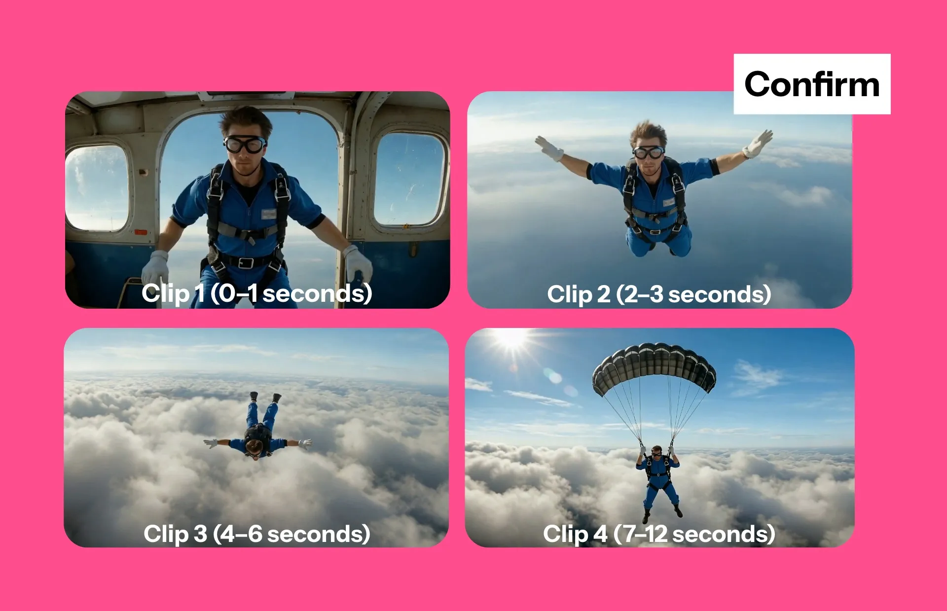 남자가 낙하산을 타고 있는 네 가지 다른 장면들인데, 각 장면마다 프레임별 타임스탬프가 있어요