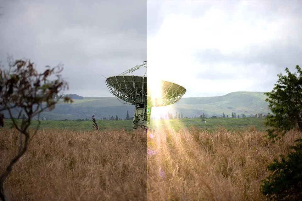 Uma comparação entre uma imagem com reflexo e uma imagem editada com um editor de imagens por IA para eliminar o reflexo.