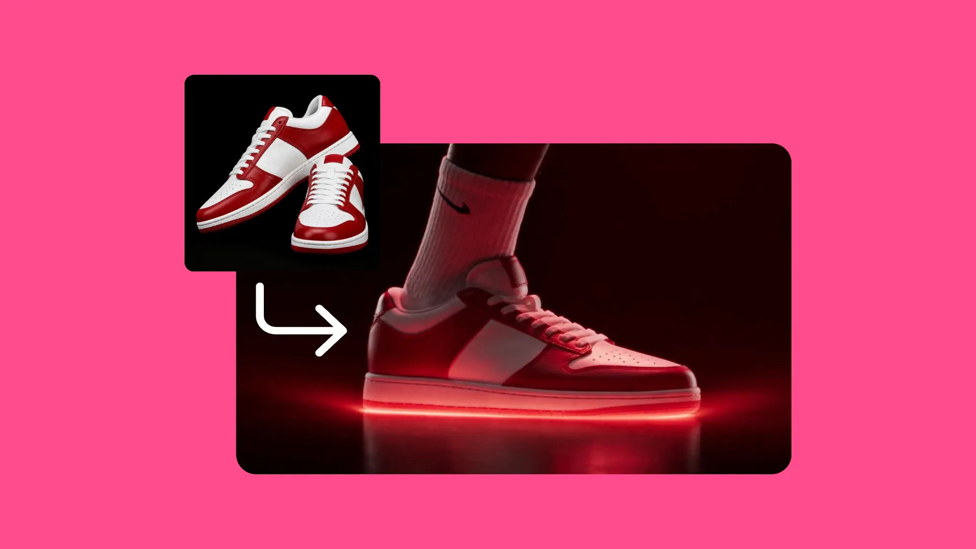 Referencia de zapatillas rojo y blanco transformada en un dramático plano final con la suela roja brillante.