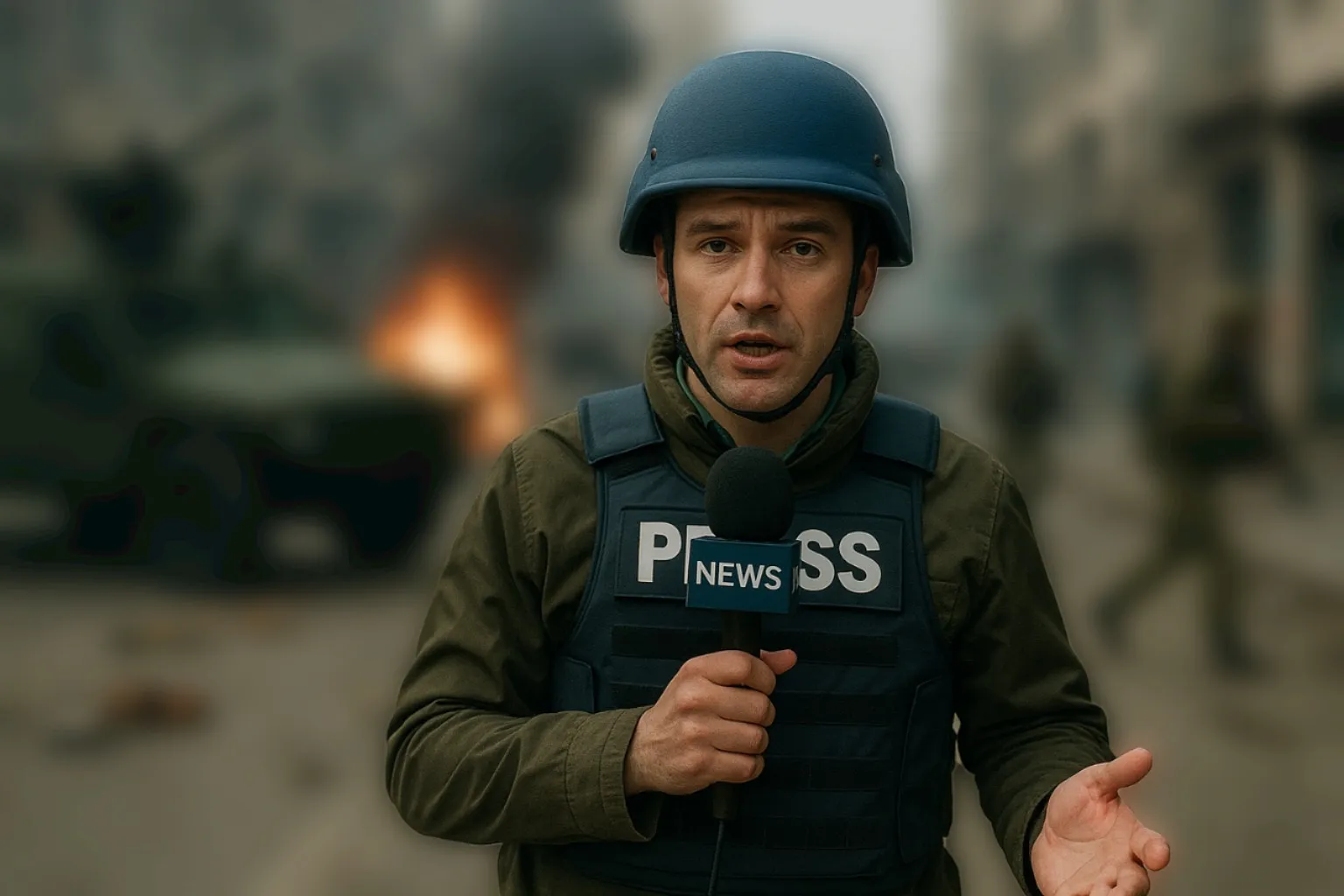 A journalist posing in a turbulent scene where an image background blurrer will need to be used to ensure safe publication of the image content. 