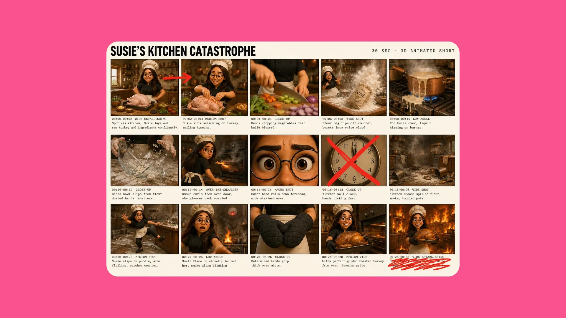 Storyboard para "Susie's Kitchen Catastrophe", mostrando los desastres culinarios de un chef de dibujos animados en múltiples tomas.