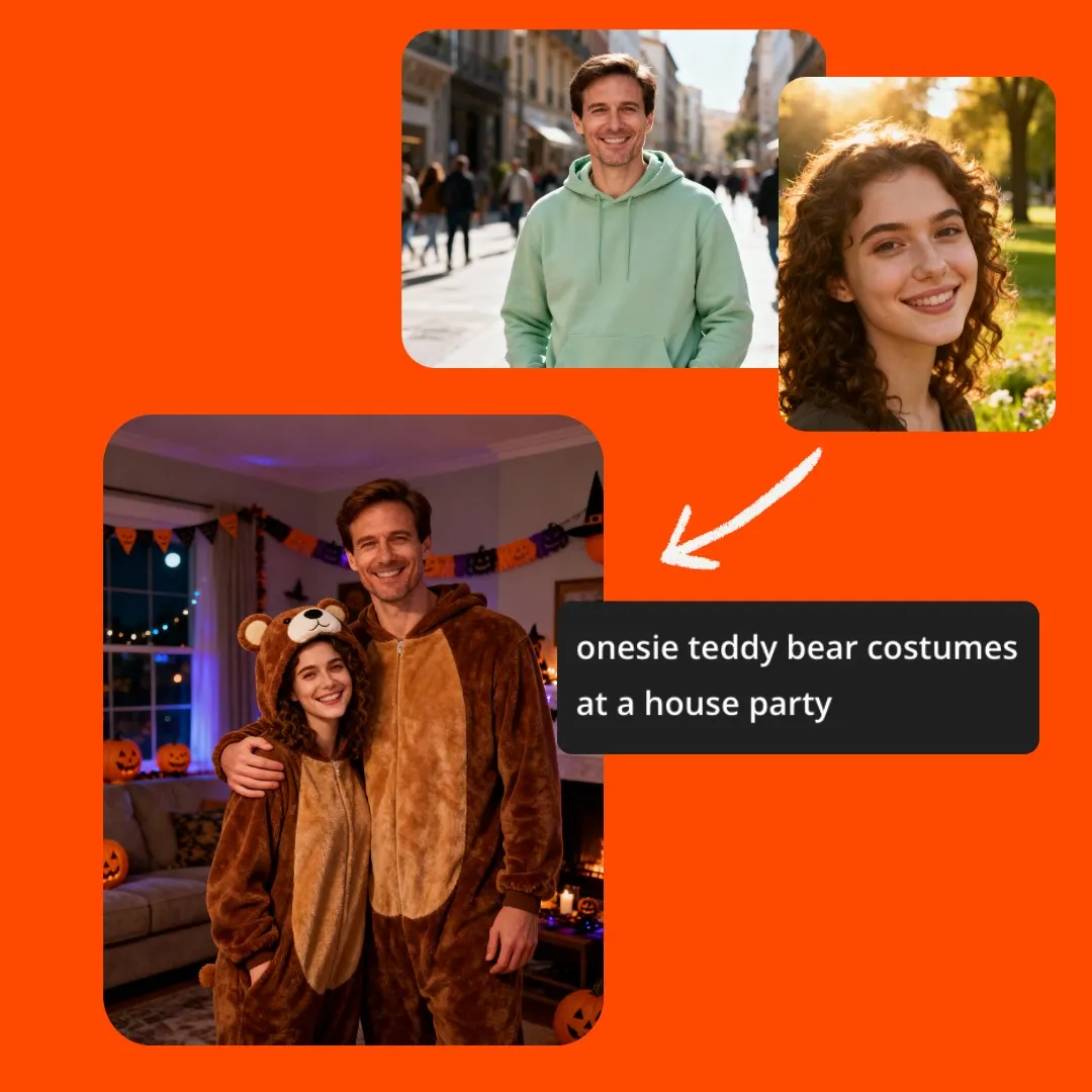 Couple dressed in onesie teddy bear costumes using AI