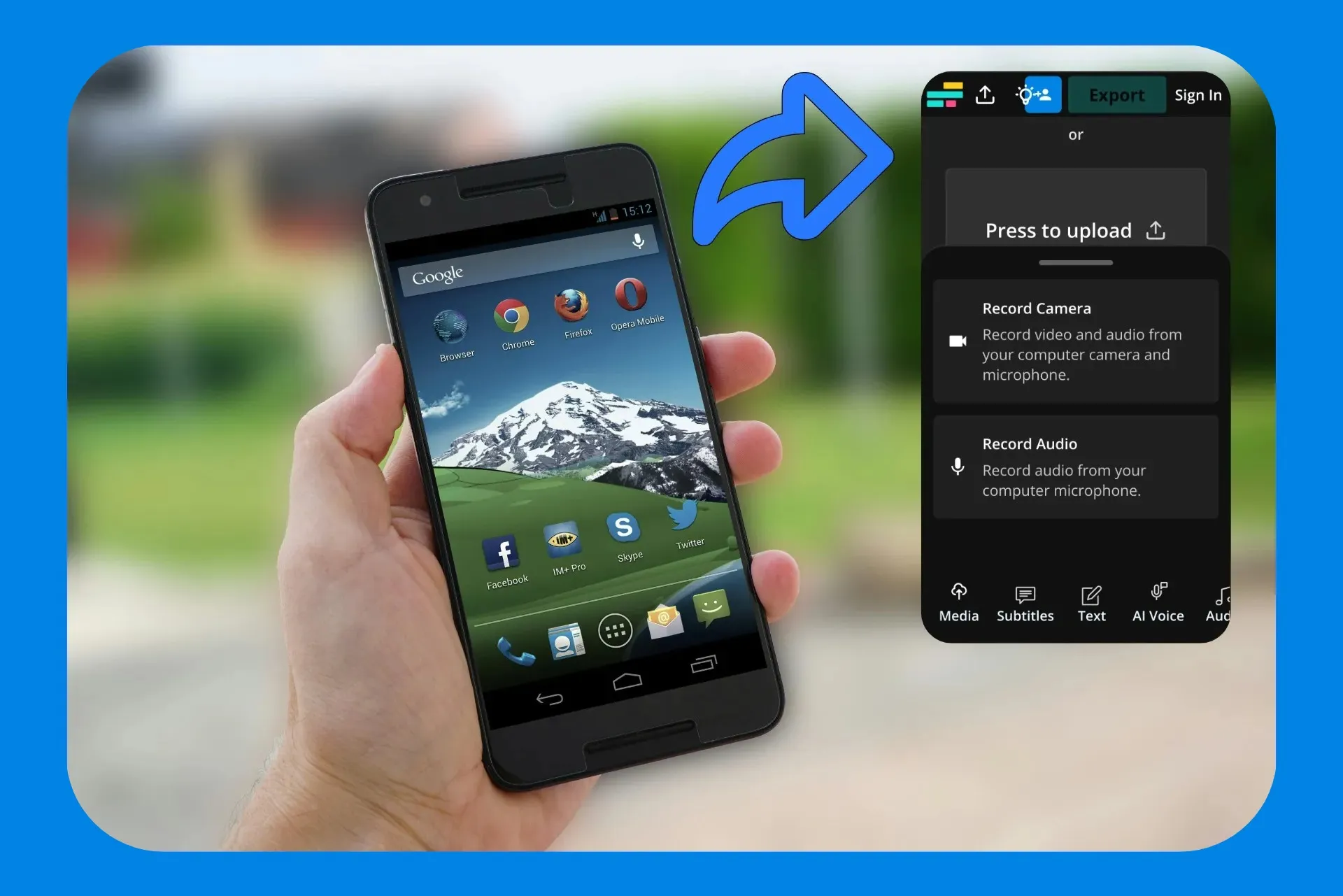Un dispositivo mobile è tenuto in mano, con l'opzione "registra su mobile" evidenziata