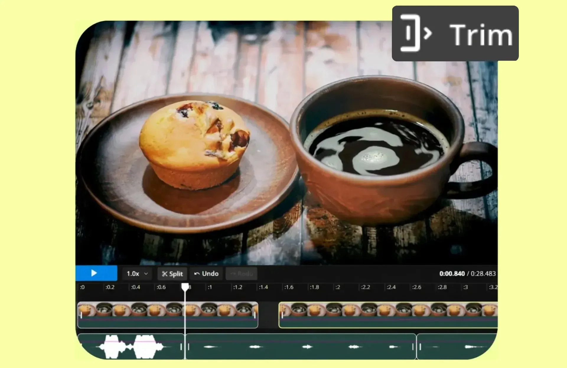 A video of a muffin and a mug of coffee being trimmed in the editing suite