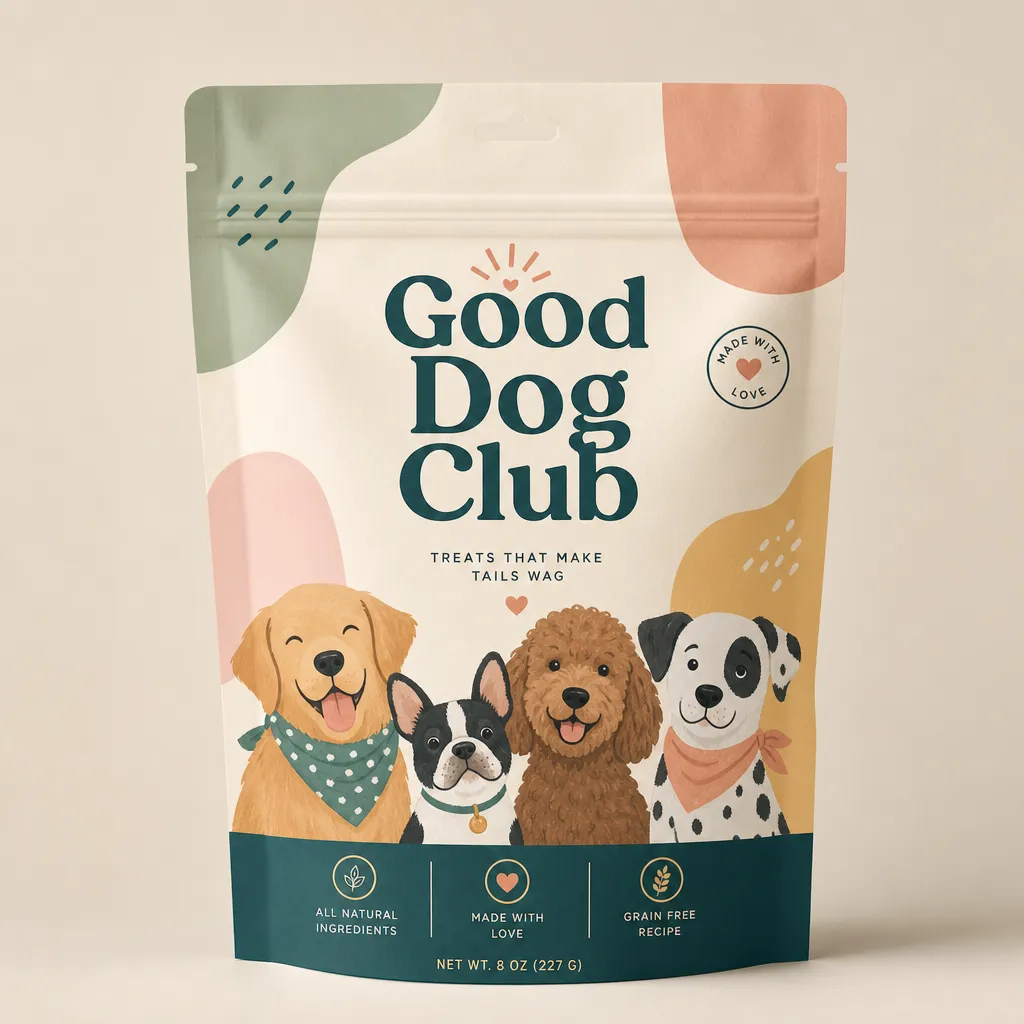 Empaque de golosinas para perros de Good Dog Club con cuatro perros ilustrados y colores pastel.