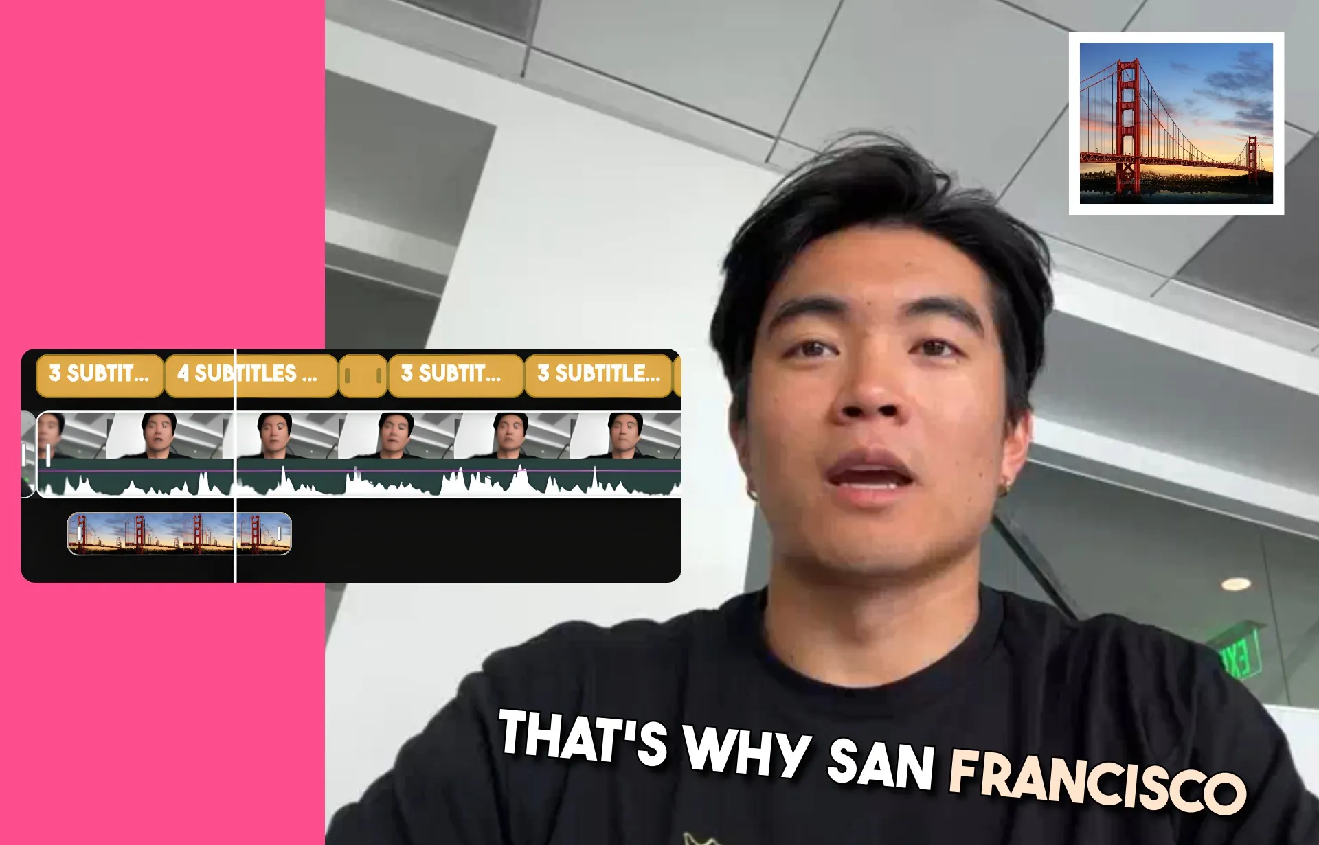 AI B-roll का उदाहरण जिसमें एक आदमी San Francisco के बारे में बात कर रहा है और वीडियो के ऊपरी दाईं ओर Golden Gate Bridge की तस्वीर है