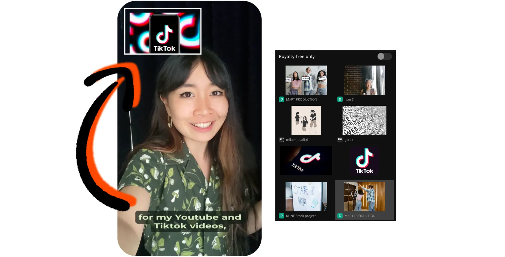 महिला सोशल मीडिया वीडियो फिल्म कर रही है, कैमरे के सामने TikTok के बारे में बात कर रही है और ऊपर दाईं ओर B-roll के रूप में TikTok लोगो का इस्तेमाल किया गया है।