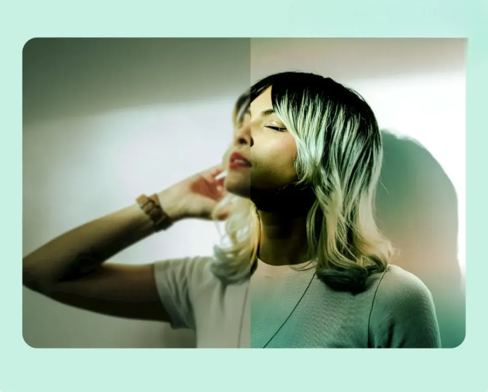 Uma imagem dividida mostrando os resultados de melhoria de imagem usando um editor de imagem com IA.