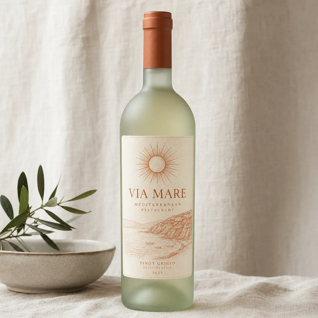 Una botella de vino Via Mare con una etiqueta ilustrada personalizada al lado de una rama de oliva.