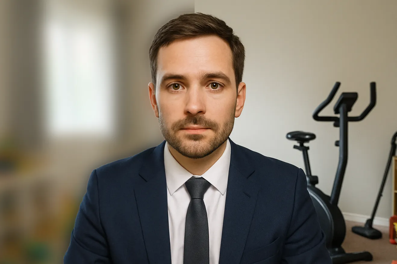 A man sitting at a desk with a half blurred background behind him to highlight the use of an image background blurrer.