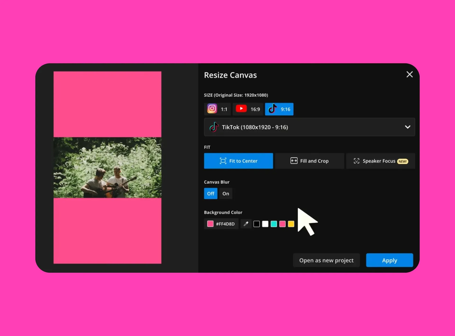 Image of a video canvas being resized to fit a 9:16 aspect ratio