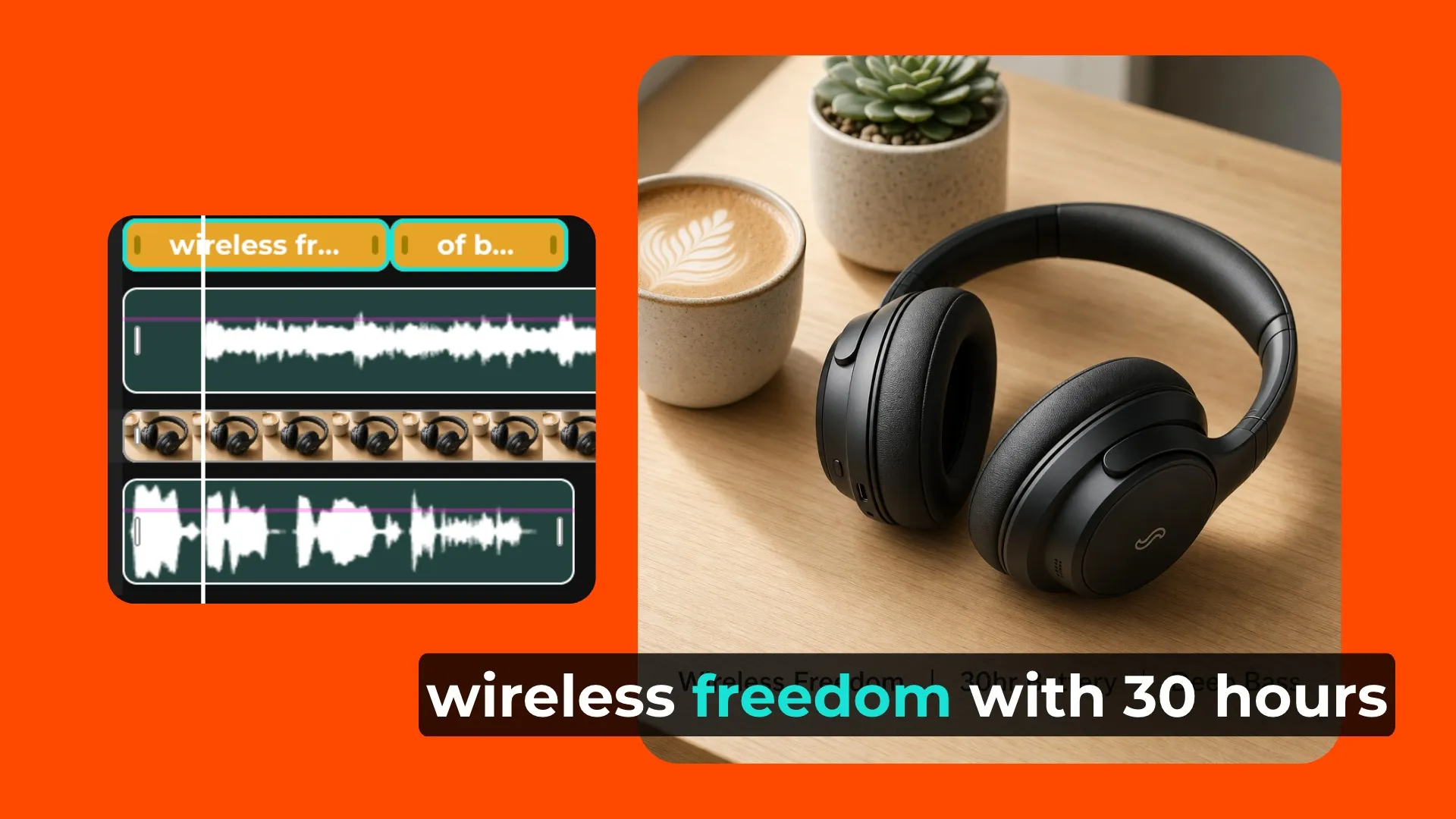 Video ad on headphones being built in Kapwing with timeline editor layers of music, images, and voice over