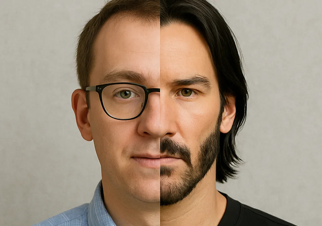 Um exemplo de troca de rosto de um homem usando um editor de imagem com IA para trocar rostos online.