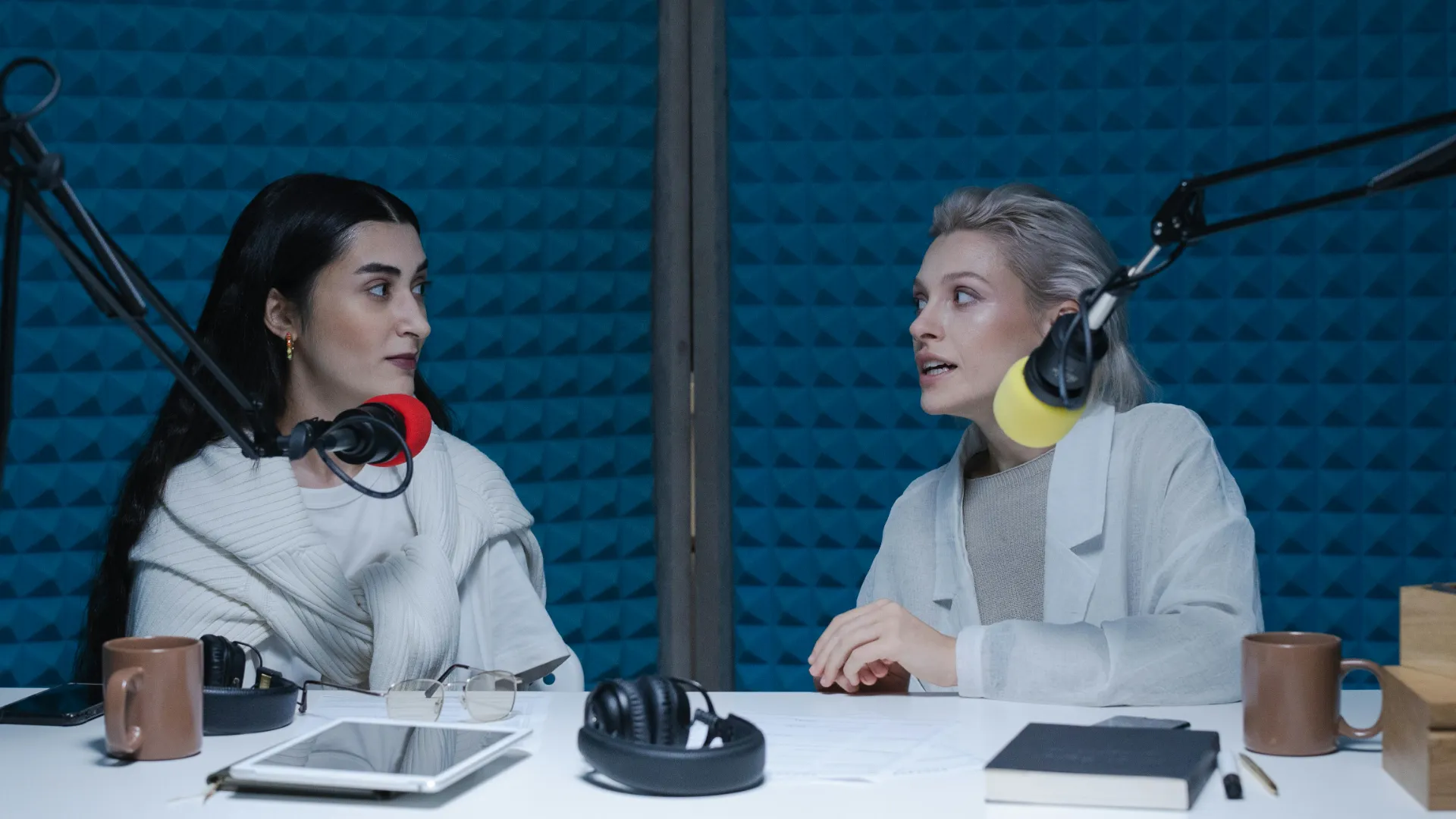 दो महिलाएं एक रिकॉर्डिंग बूथ में podcast पर बात कर रही हैं .png