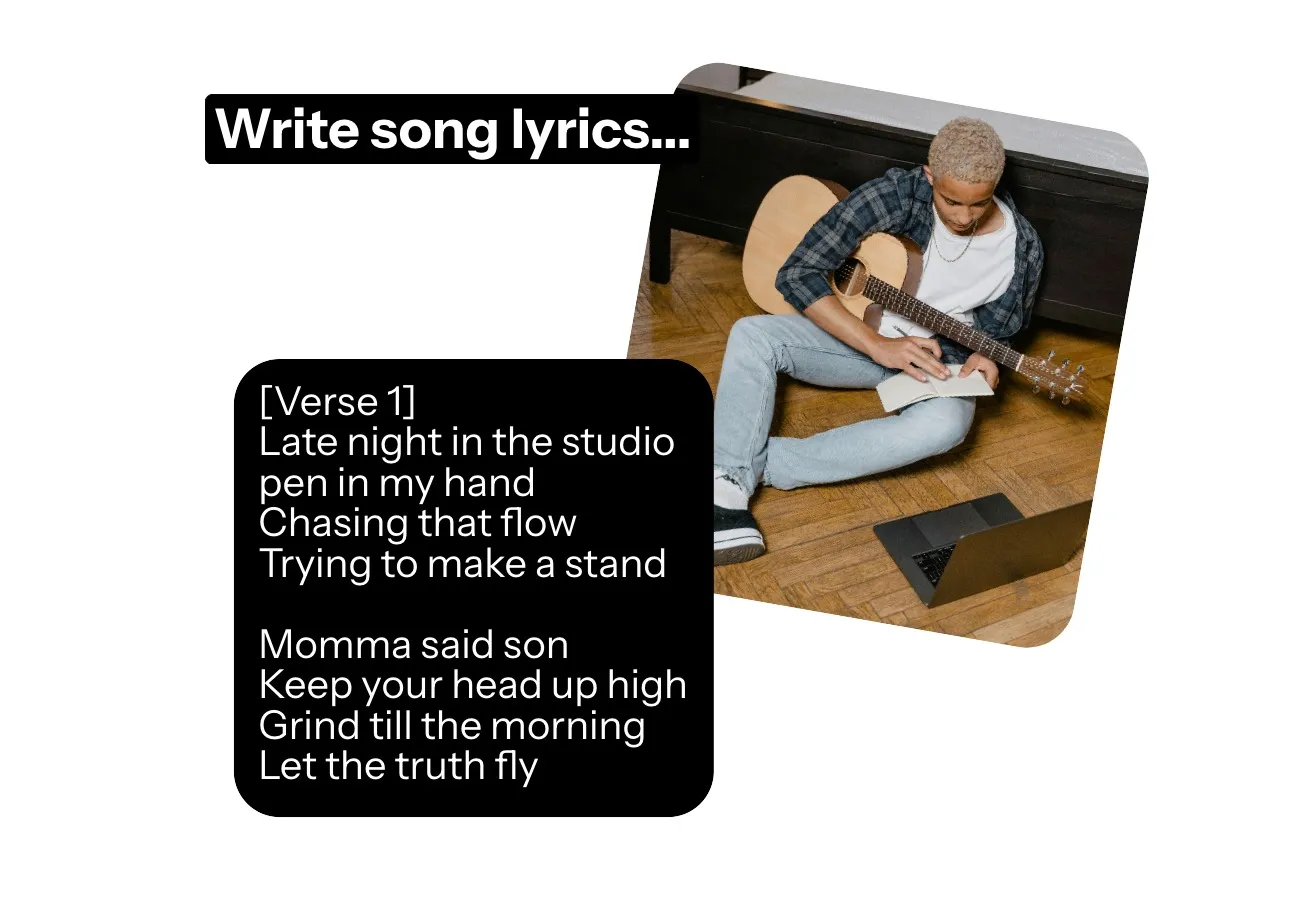 Musician with guitar generating song lyrics