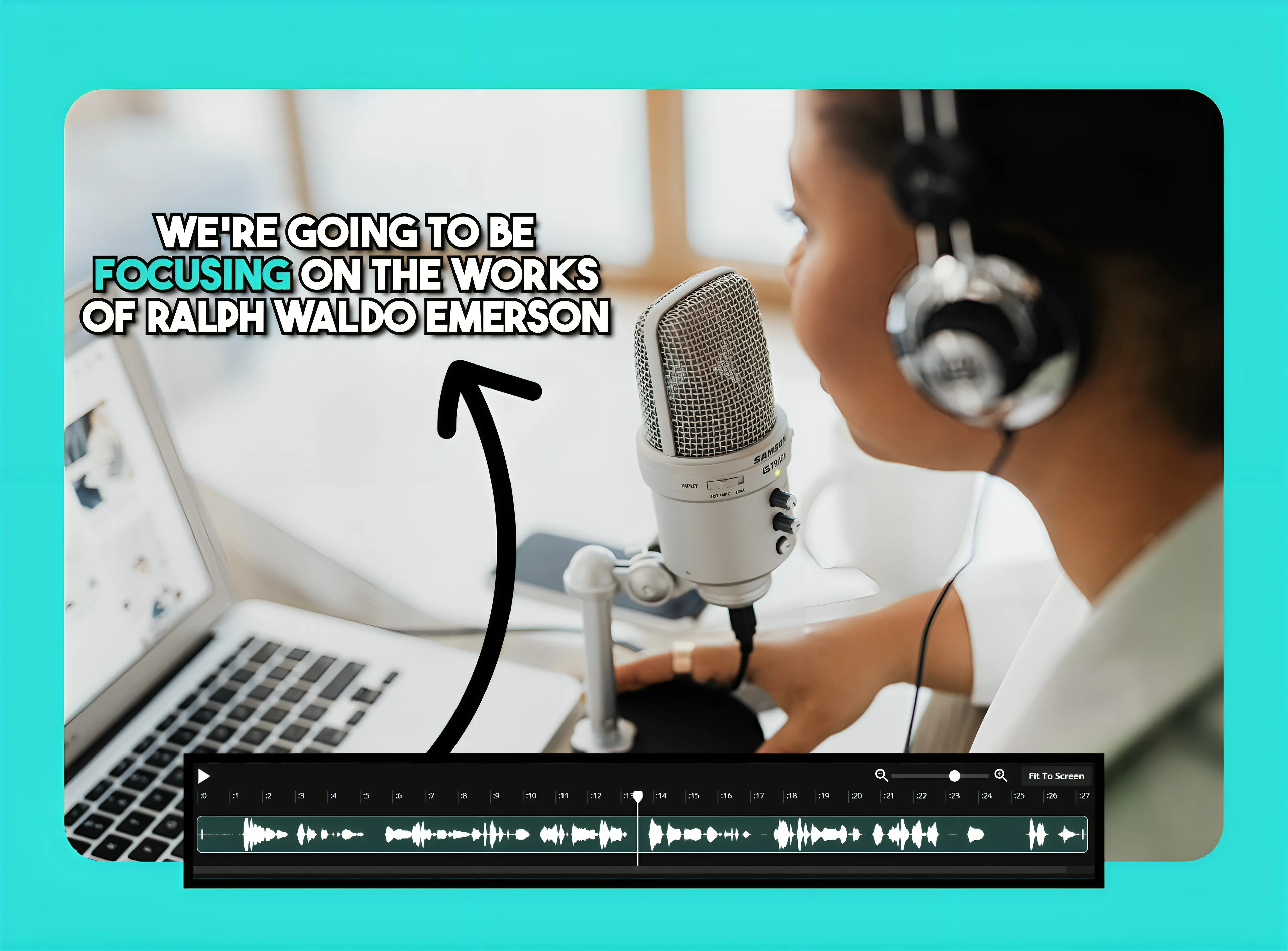 A woman speaking into a microphone with text overlays showing audio converting into subtitles.