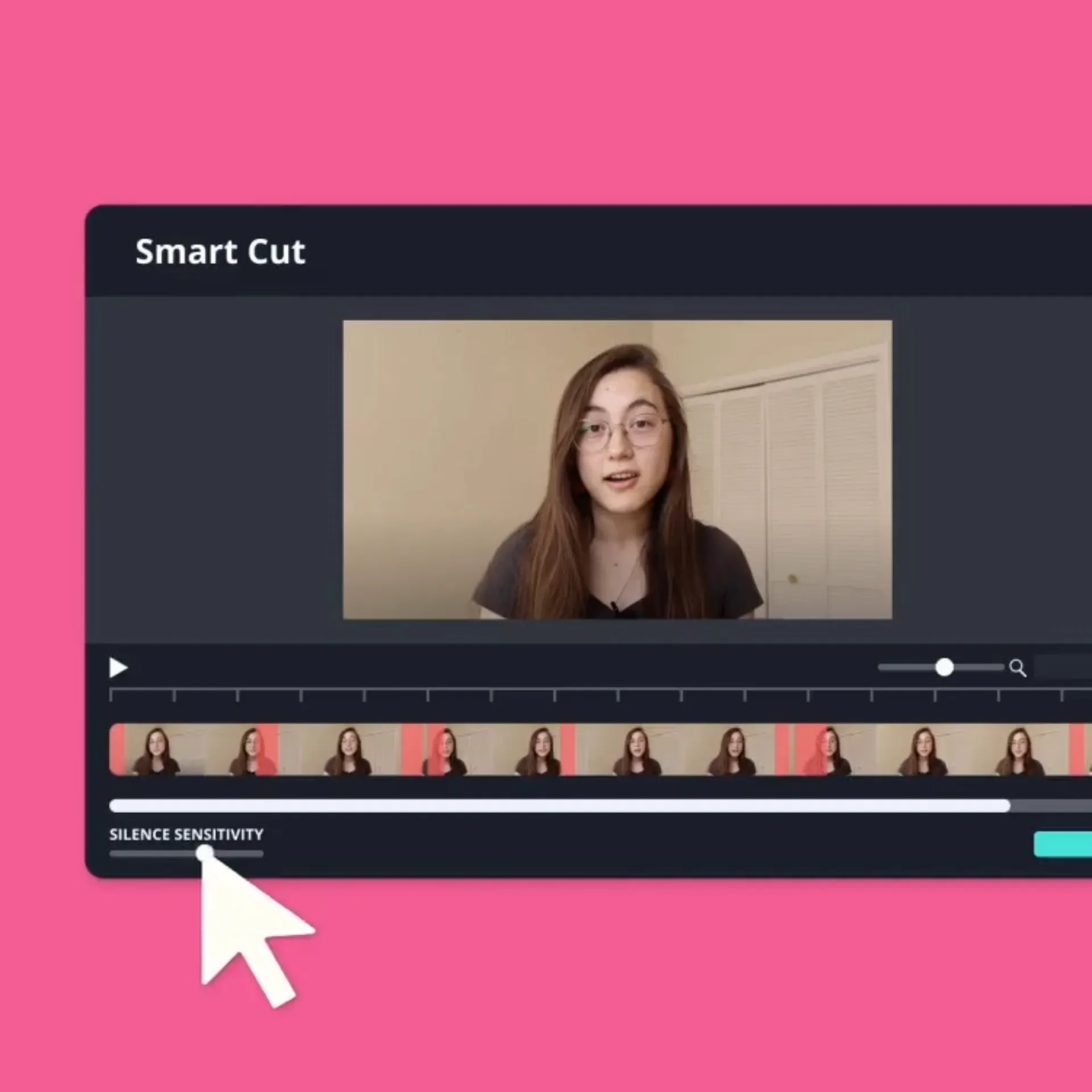 An image of a woman speaking being edited using Smart Cut and silence sensitivity.