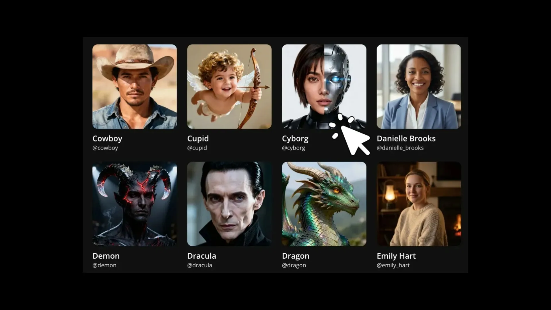 Cuadrícula de selección de personajes con un vaquero, cupido, cyborg, dragón y otros personajes para videos de IA.
