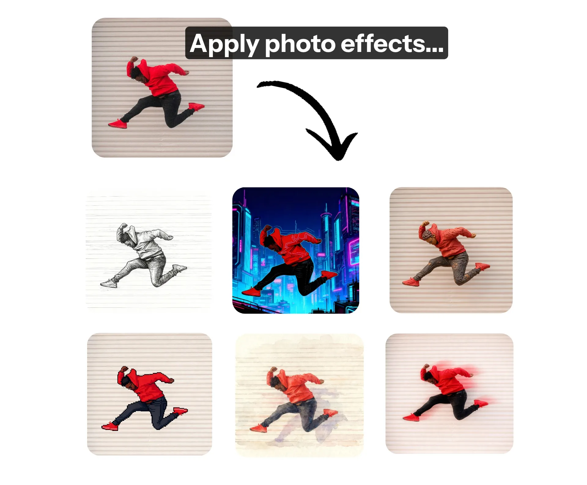 Apply different photo effects to an image of a man jumping