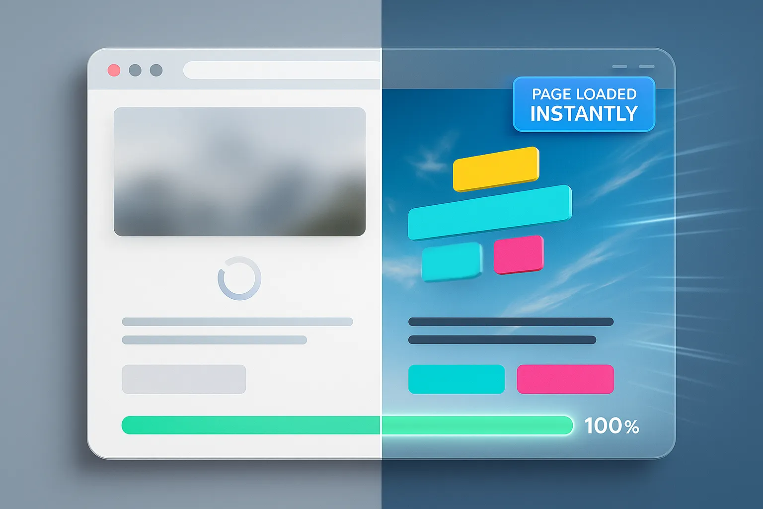 Side-by-side of a poorly optimized page compared to a properly optimized web page created by converting PNG images to JPG. 