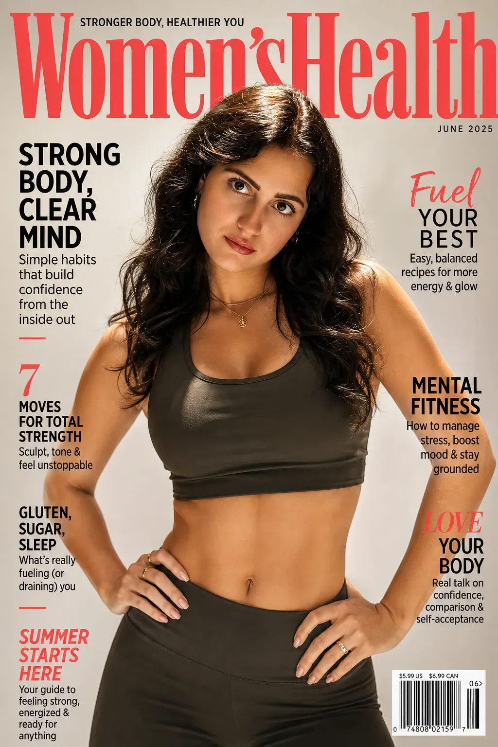 Portada de la revista Women's Health con una mujer en ropa de entrenamiento y titulares sobre fitness.