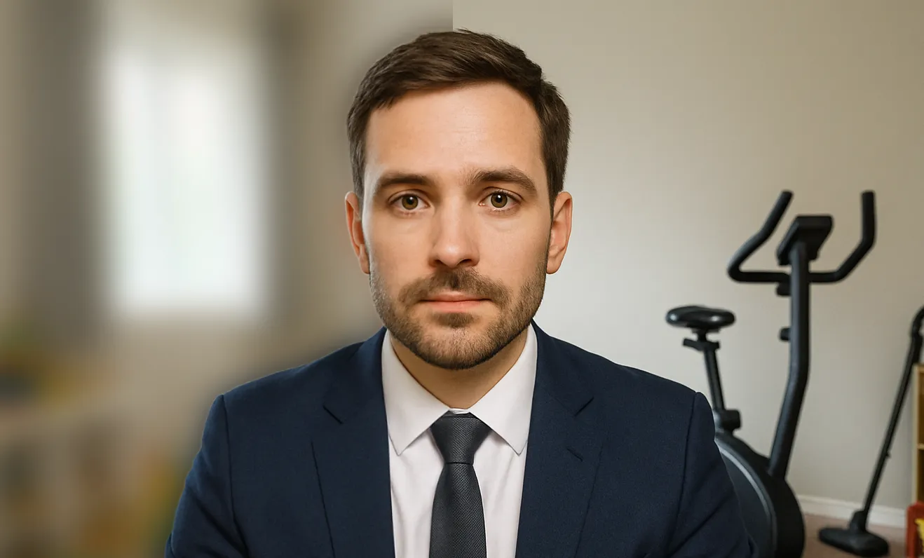 A man sitting ina home office recording a video for is work while using an automatic video background blurrer to make his video look more professional and remove background distractions.