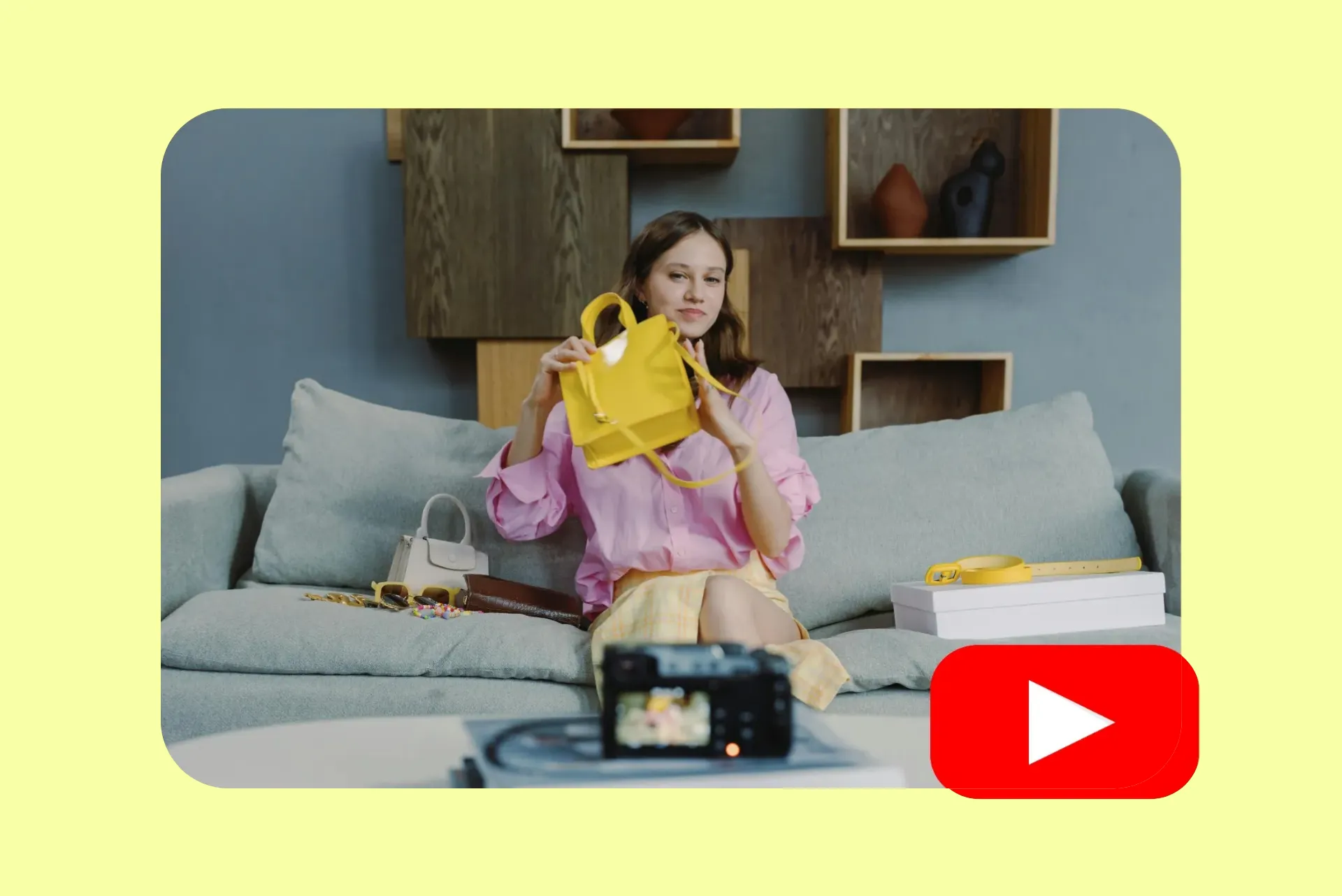 A woman sitting on a couch showing off a yellow purse while filming herself.