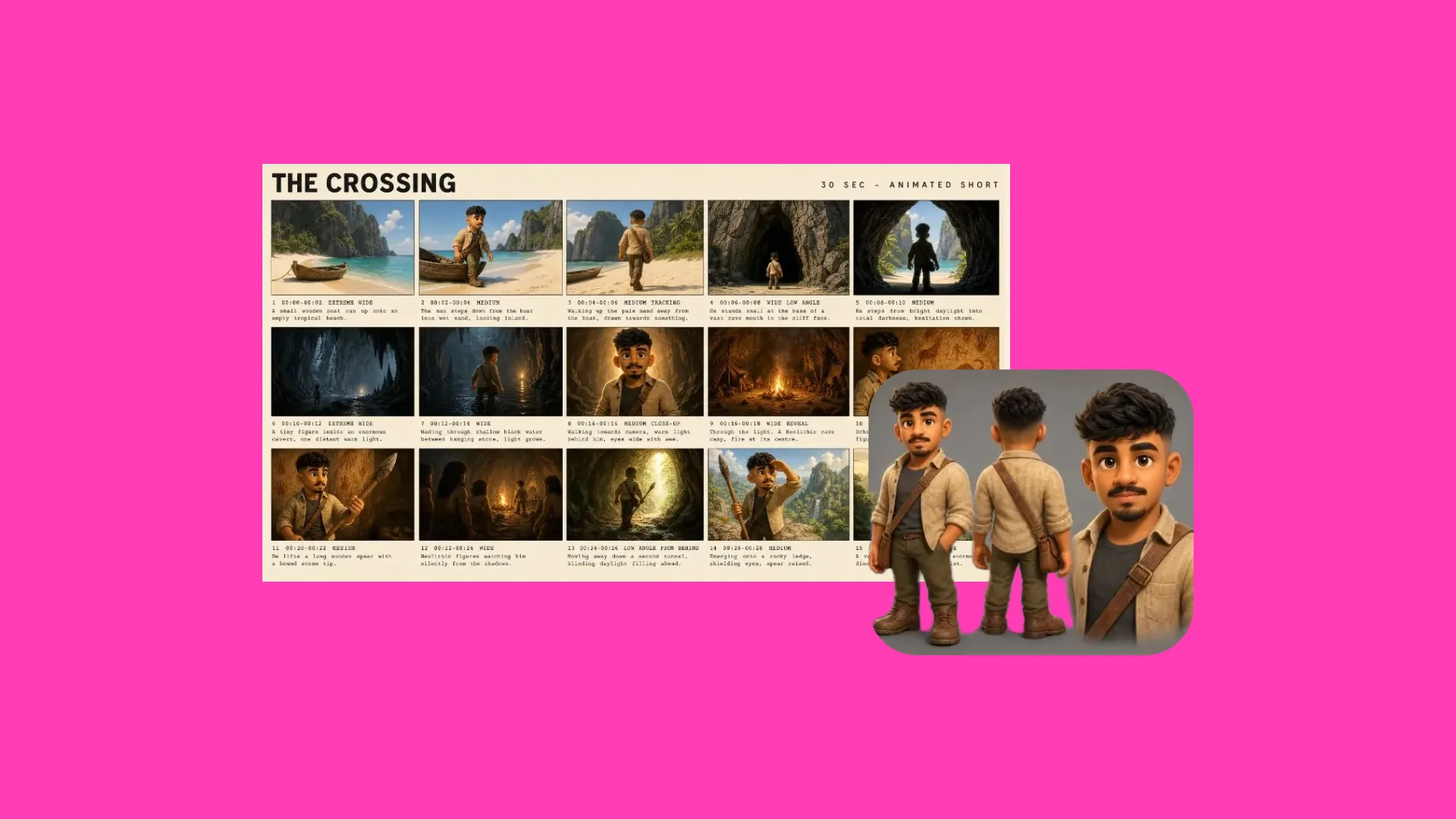 Hoja de referencia de personajes emparejada con un storyboard para el cortometraje animado "The Crossing."