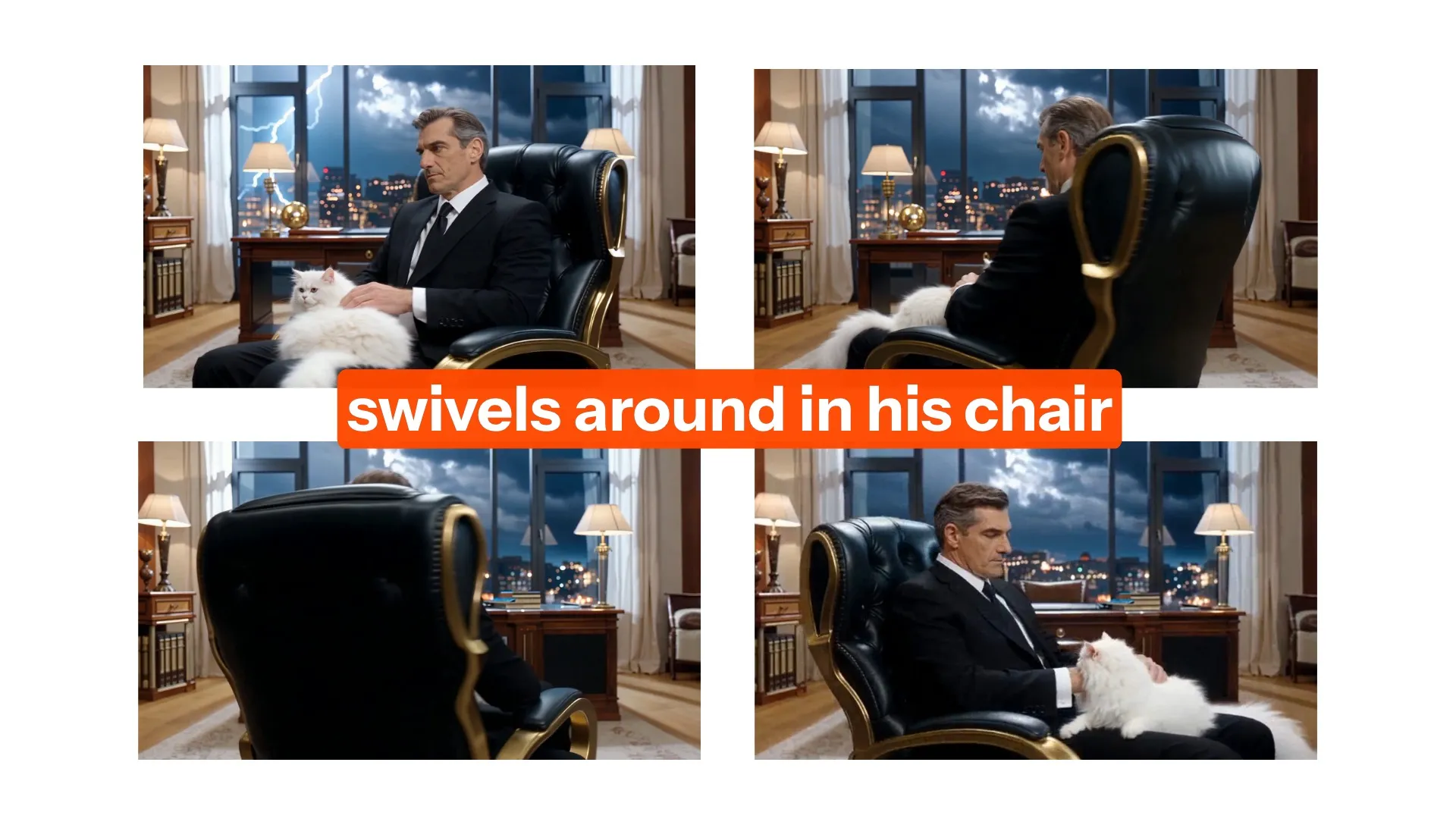 Four images of a man spinning around on his chair frame by frame using Kling 2.6 motion control