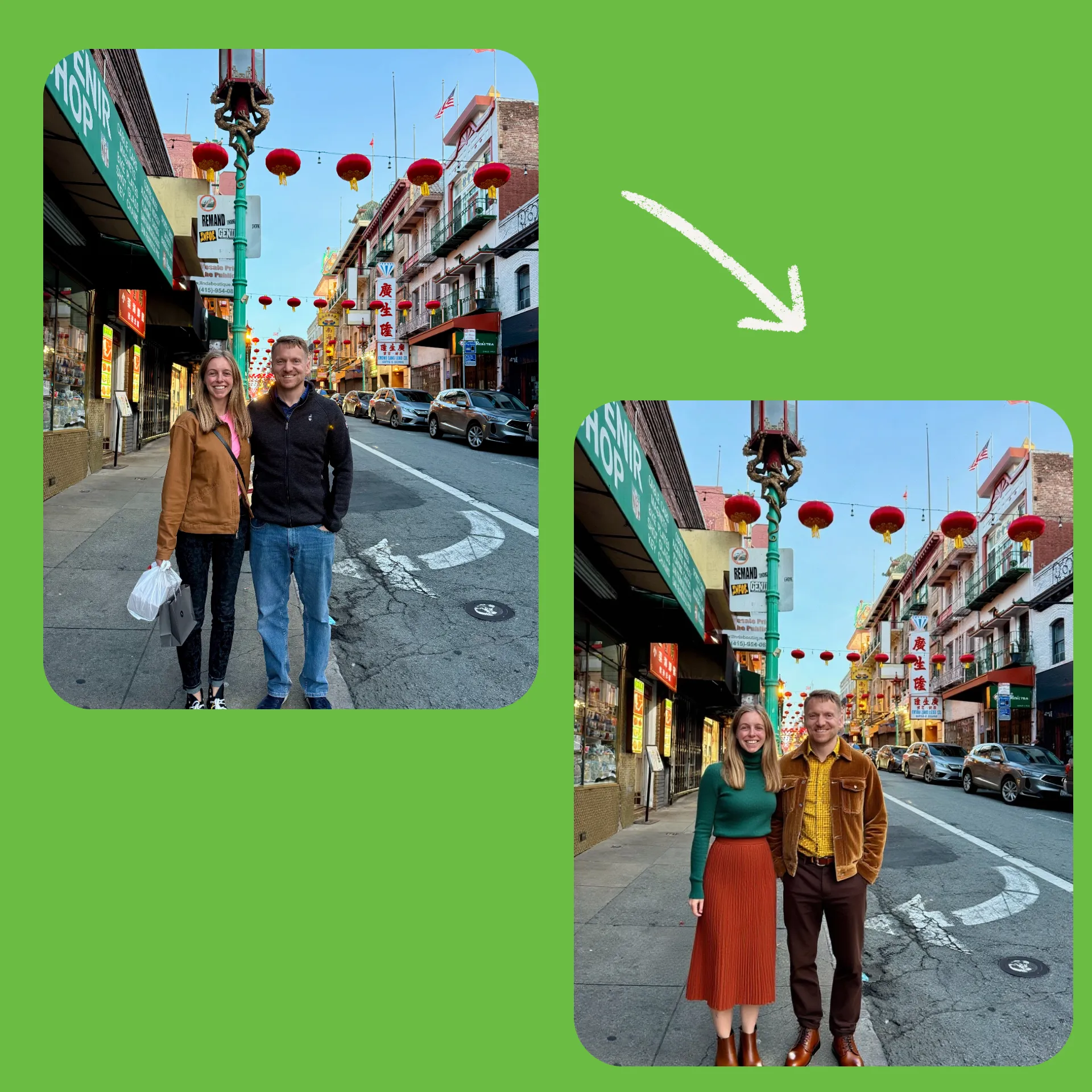 Mudando o visual de duas pessoas em pé no Chinatown