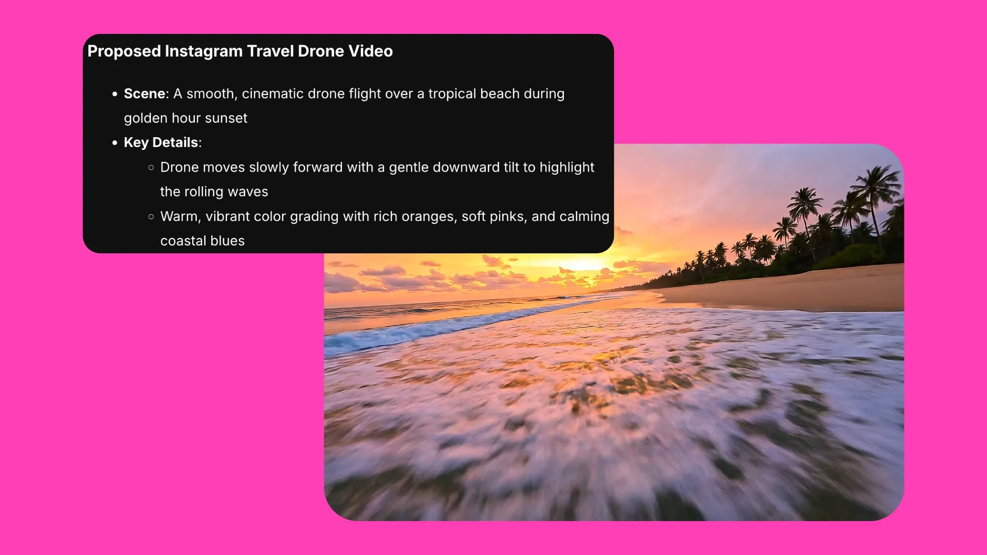 Tropical Sunset video alongside an example of the shot list from Kapwing's Plan Mode feature