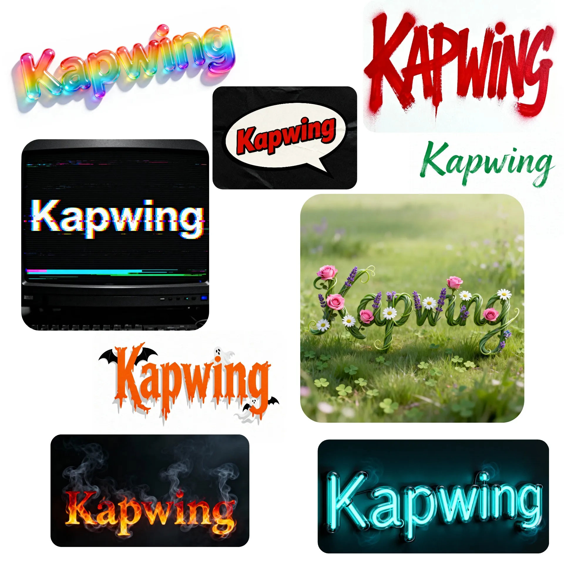 Examples of Kapwing in different custom generated fonts