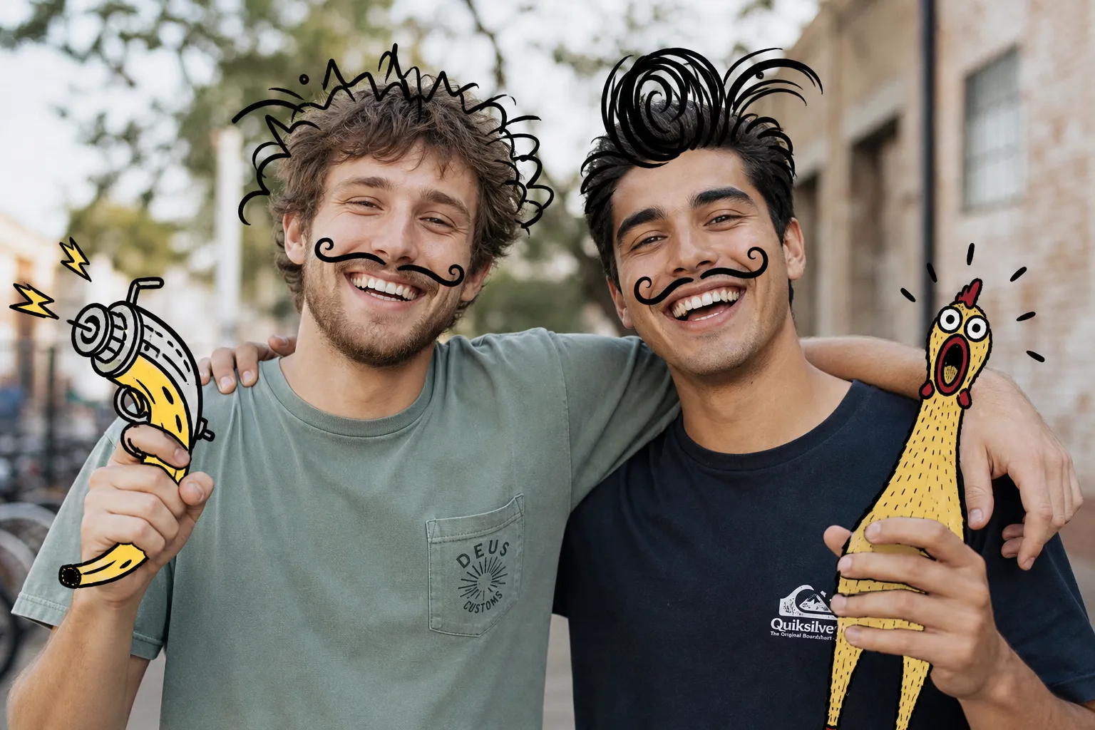 picture of two guy friends with drawn on funny illustrations on top.png