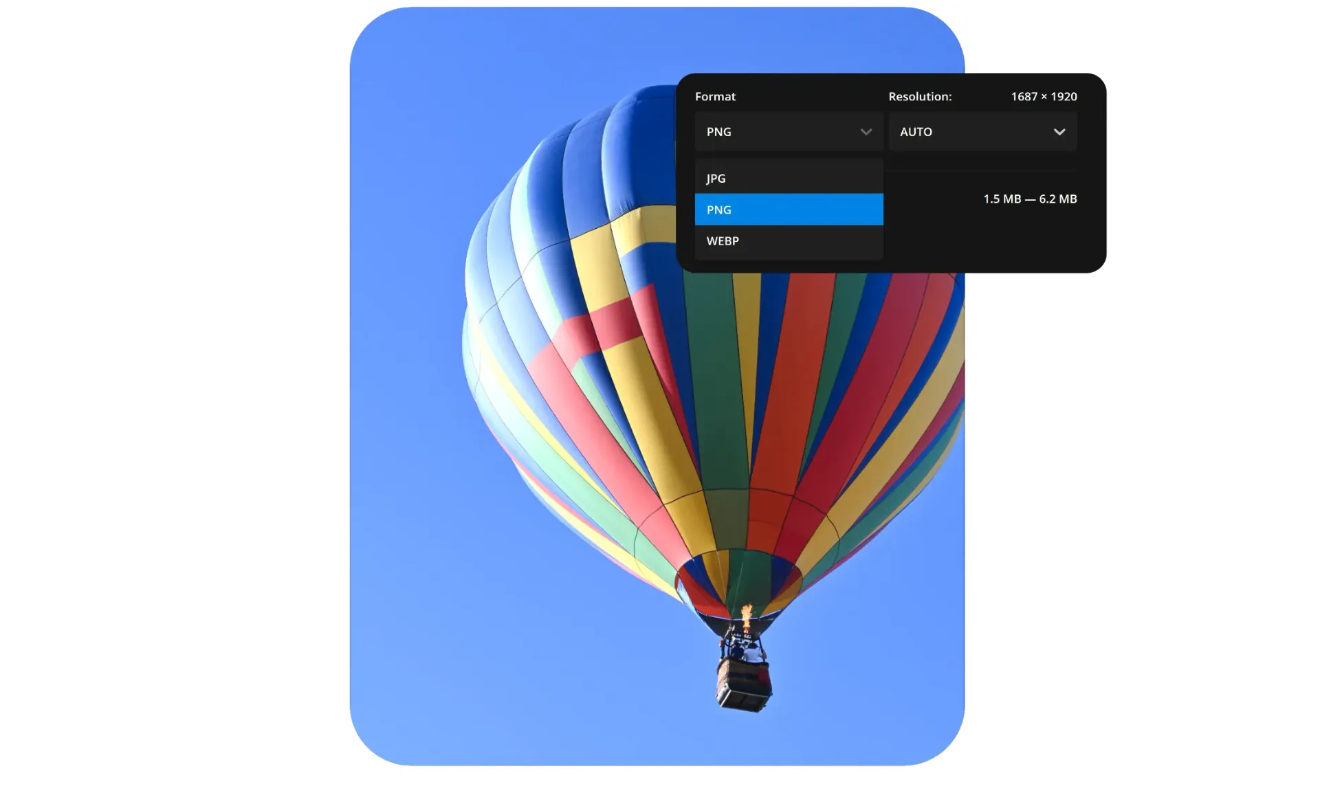A JPG image in an online editor displayed next to the convert settings, showing how to convert a JPG file to PNG.
