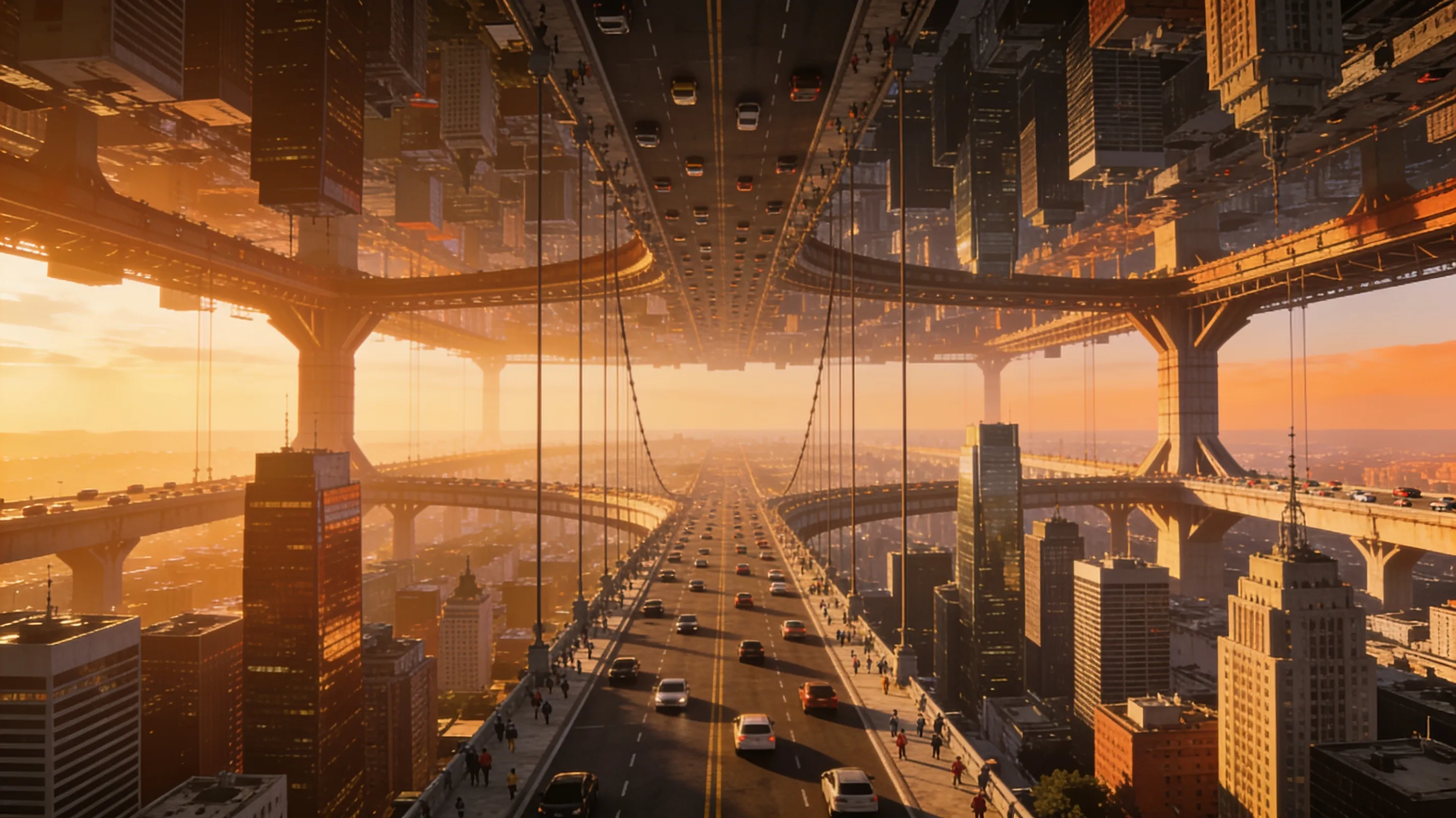 Ciudad surrealista al atardecer con un skyline invertido y autopistas suspendidas sobre un puente concurrido.
