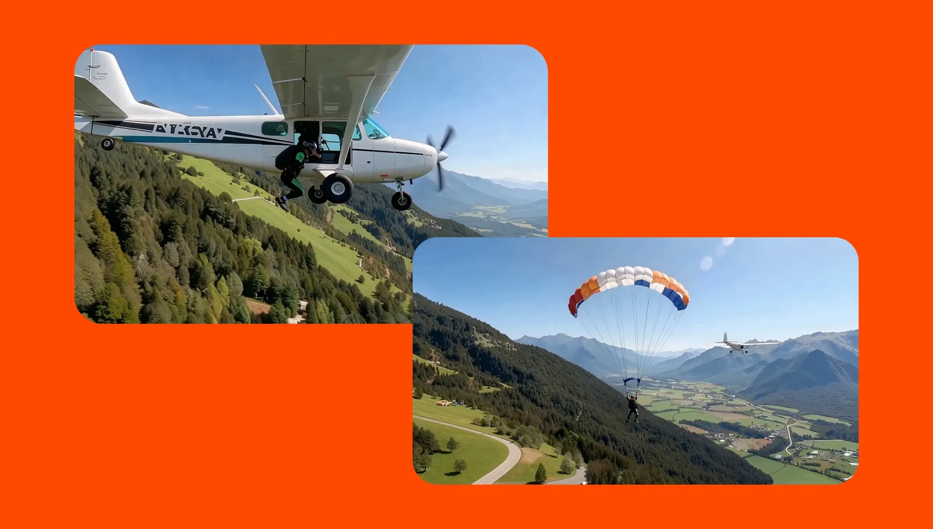 Two different cinematic action shots of a man parachuting out of an aeroplane
