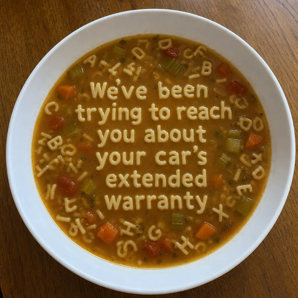 Sopa de letras deletreando "Hemos estado intentando comunicarnos contigo sobre la garantía extendida de tu auto."