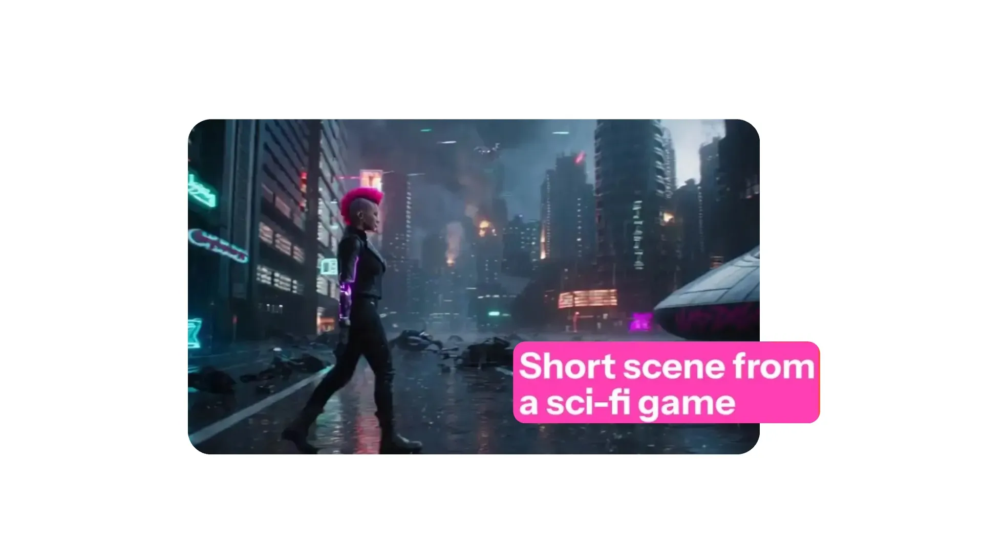 Personaje con cabello rosa en una ciudad futurista iluminada por neón, etiquetado como "Escena corta de un videojuego de ciencia ficción."