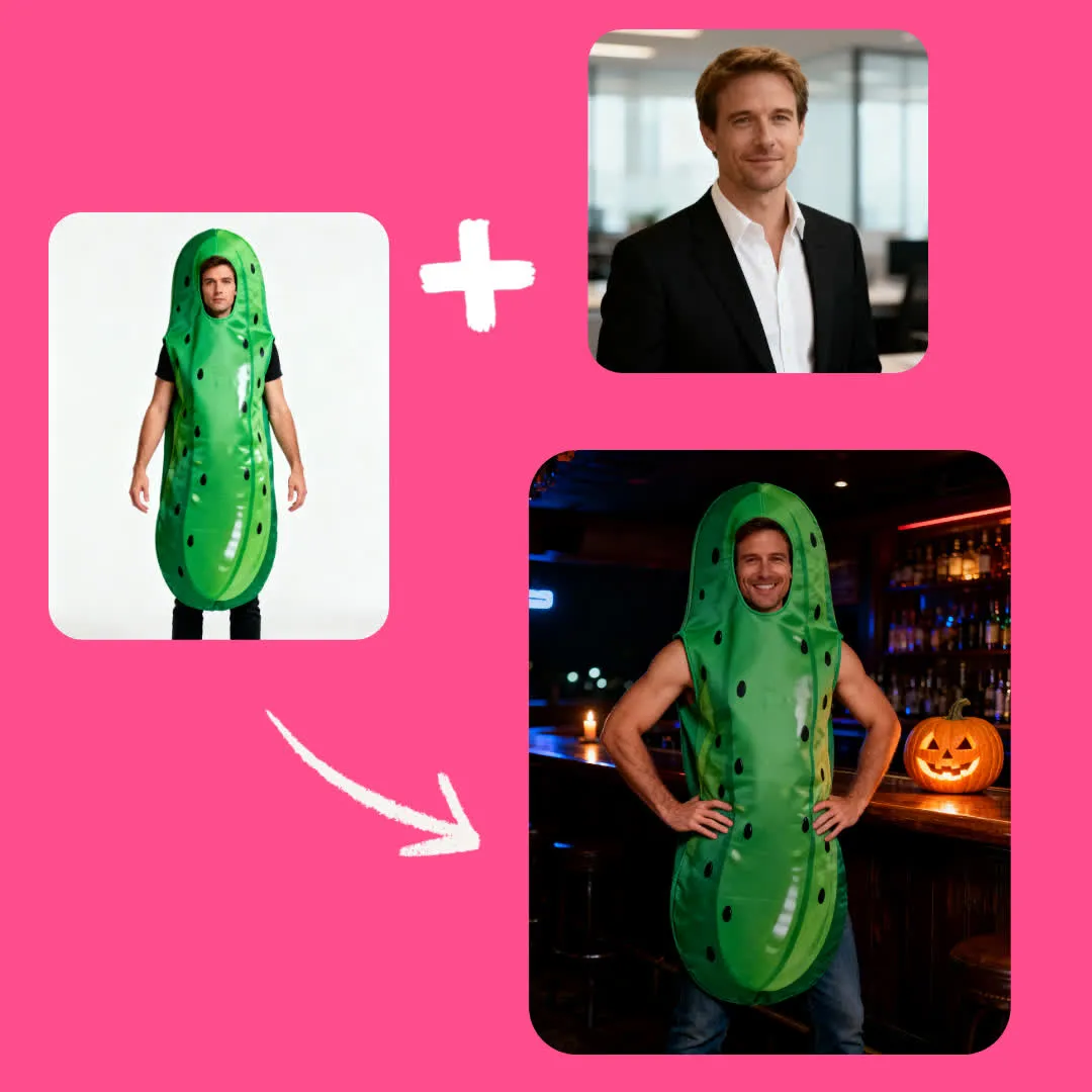 Man trying on a pickle costume with AI