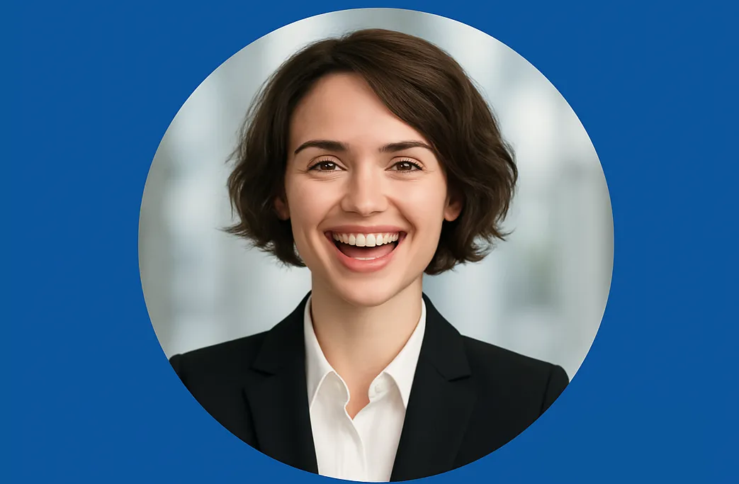 An example linkedIn style headshot featuring a professional businesswoman posing with a blurred image background. 