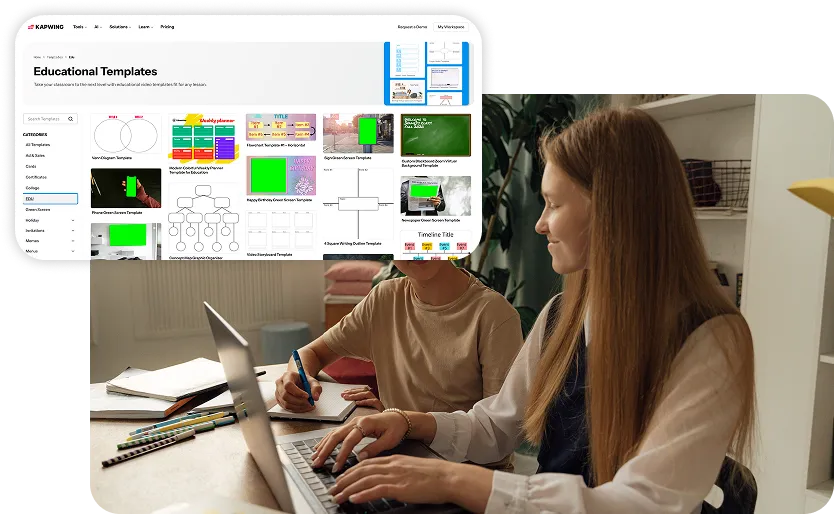 A teacher leading a classroom with Kapwing educational templates open.