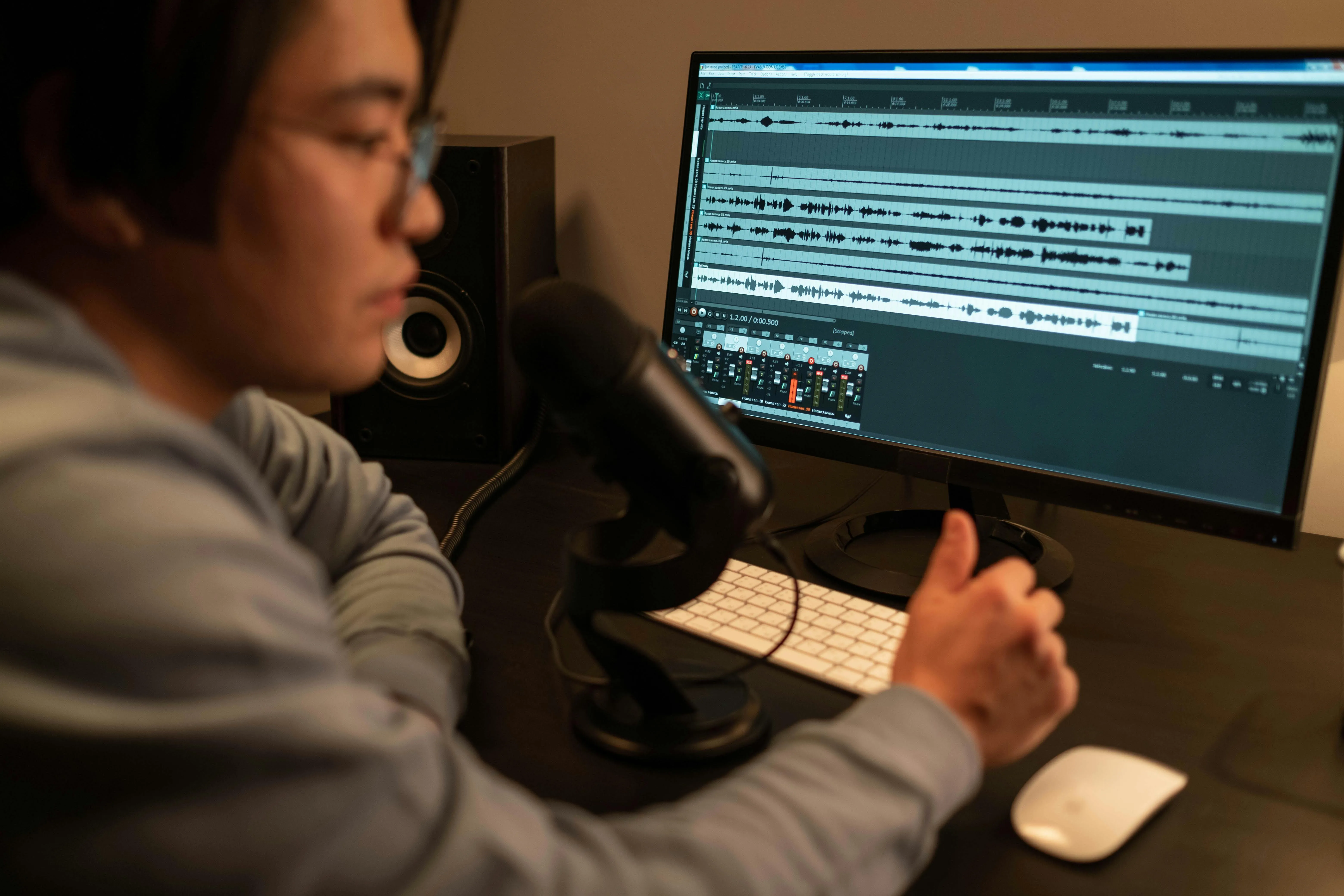 A person sitting in front of a computer with a microphone editing audio files.