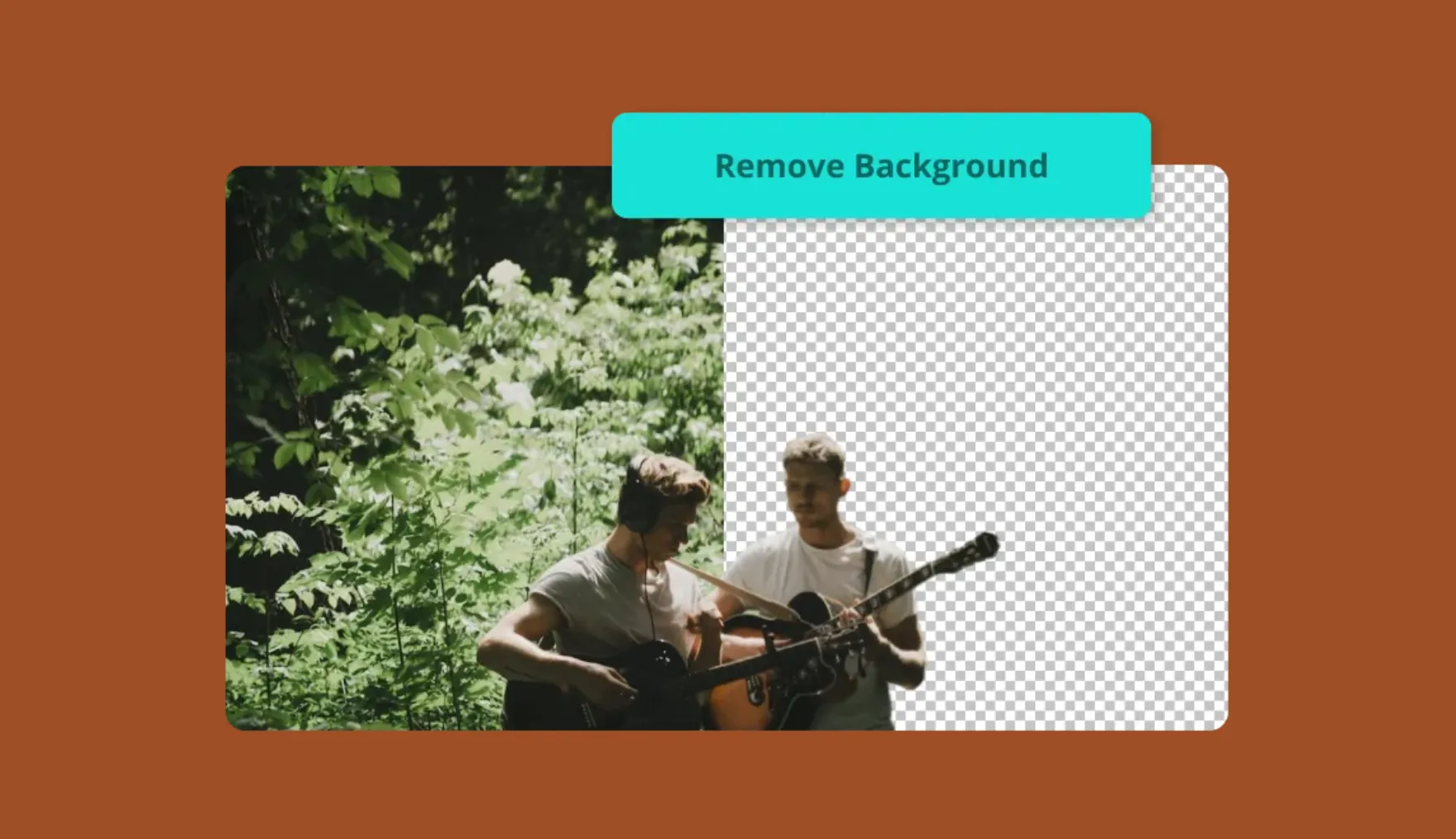 Duas pessoas em pé na frente de um fundo removido automaticamente usando um editor de imagem com IA.