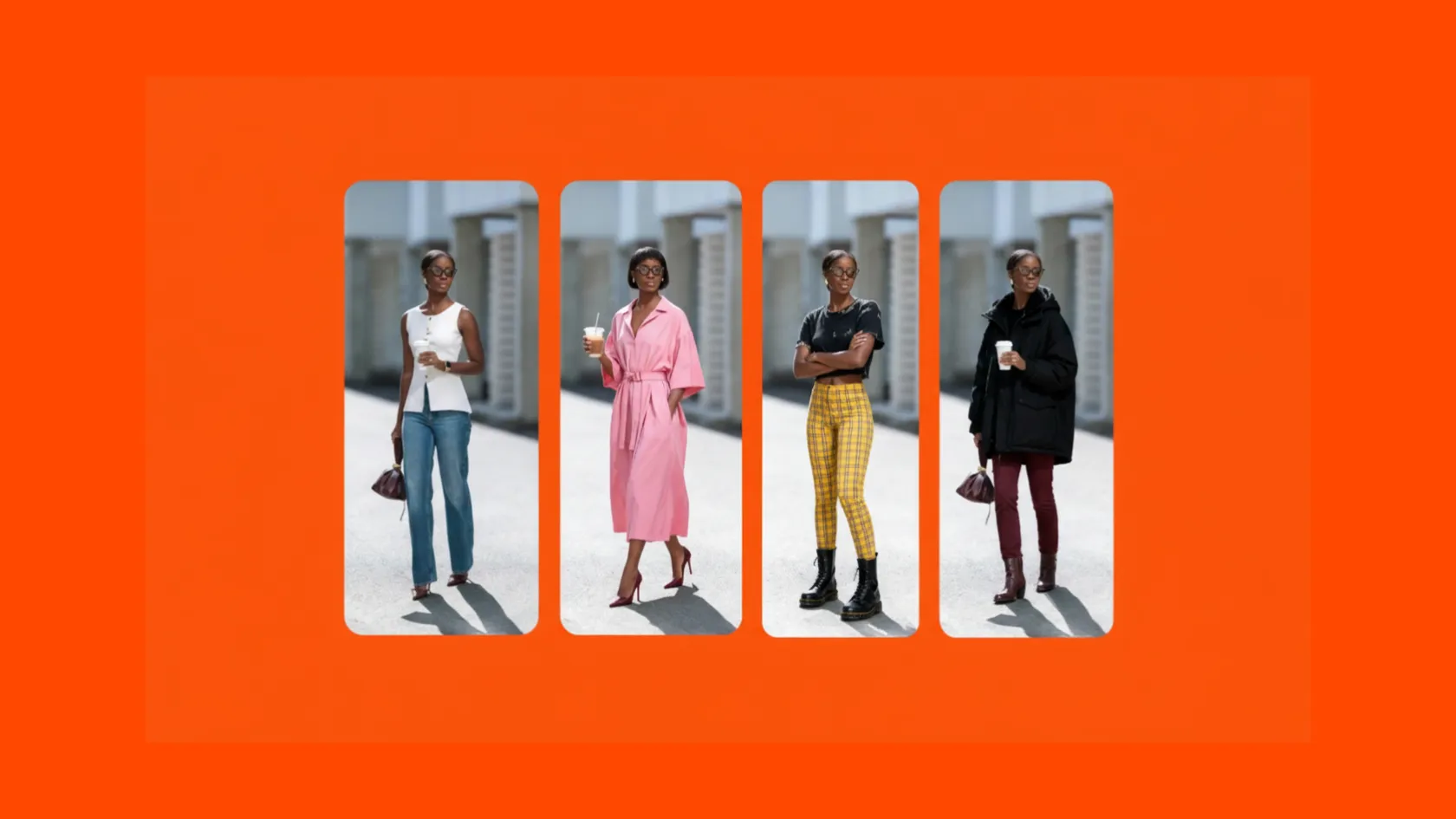 Cuatro imágenes de la misma mujer con diferentes outfits, ilustrando la edición consistente de personajes.