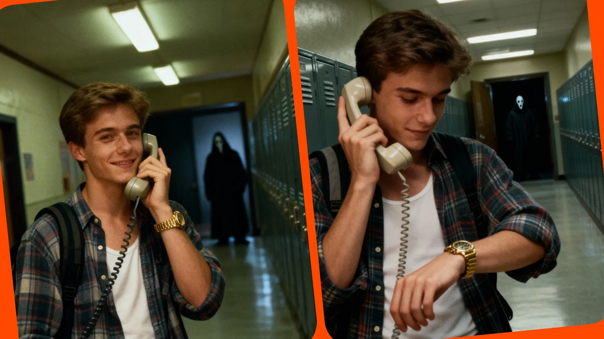Two examples of Ghostface AI trend boy in hallway