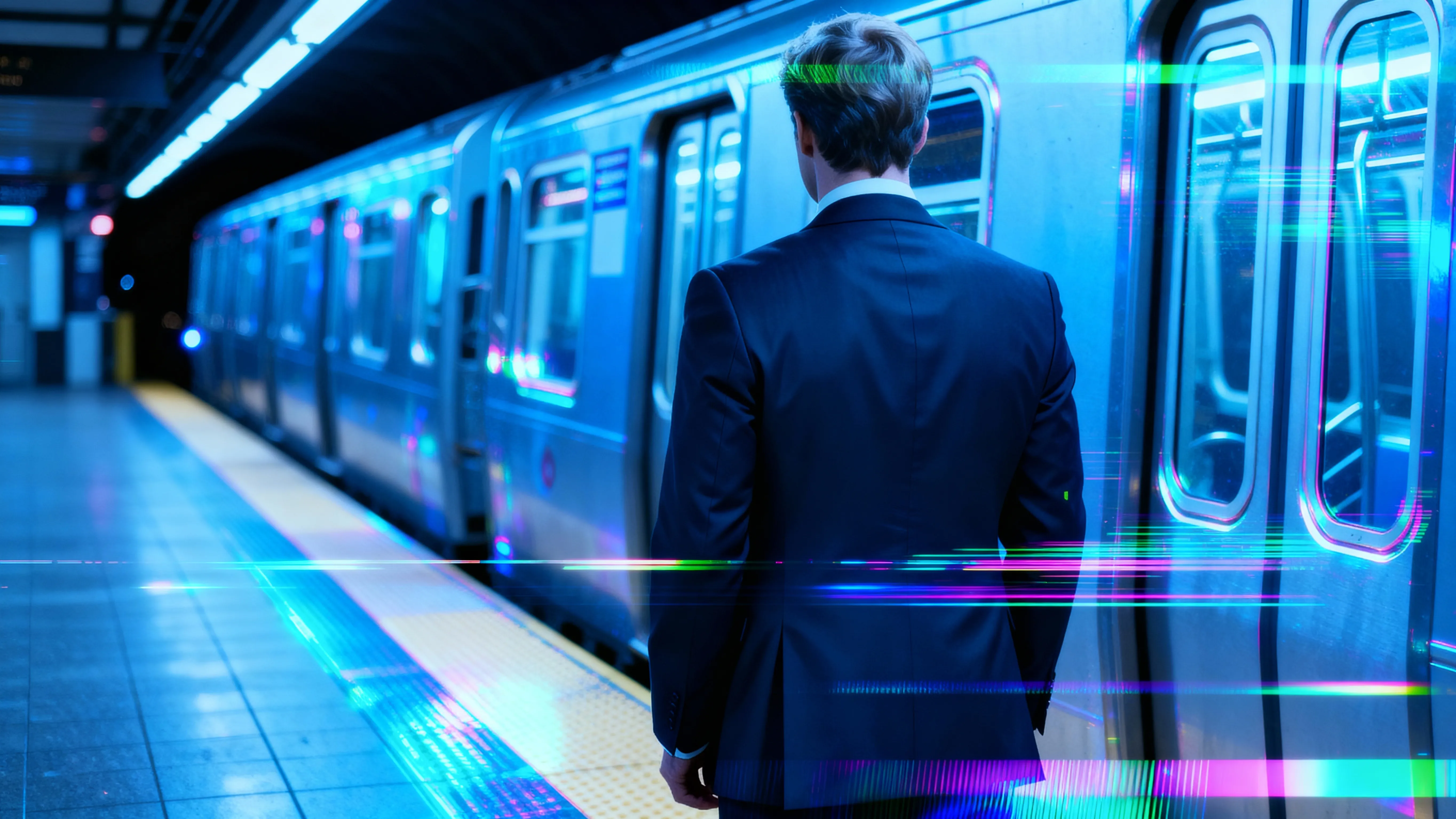 Glitch effect applied to a man by a train