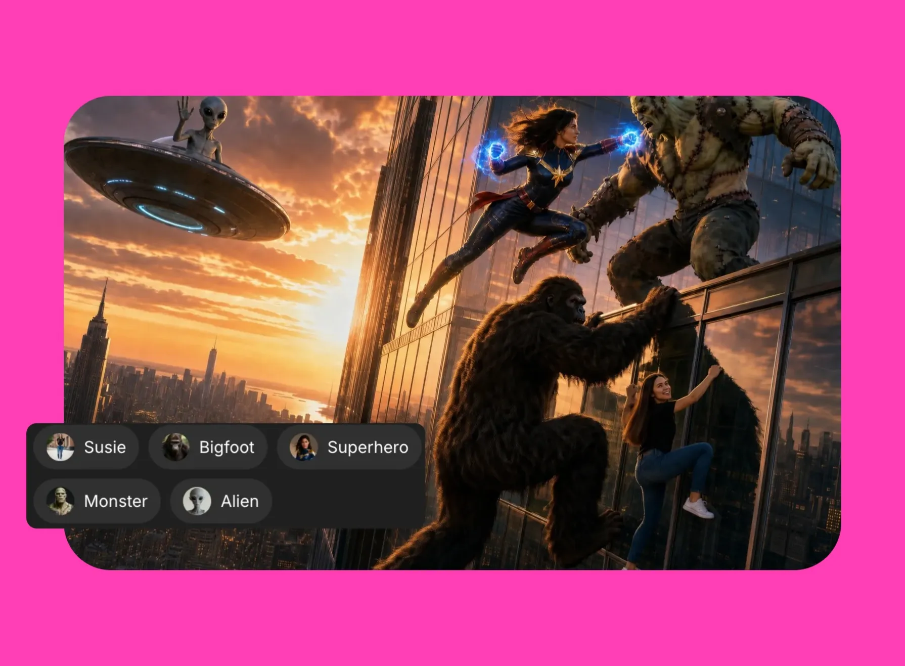 cinematic skyscrape scene with various characters