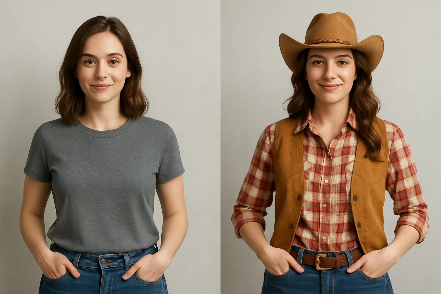 Uma imagem lado a lado de alguém que usou um editor de imagem com IA para transformar sua aparência.